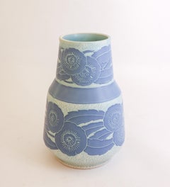 Vaso in ceramica Art Nouveau, floreale turchese e blu Josef Ekberg Sgrafitto 1918