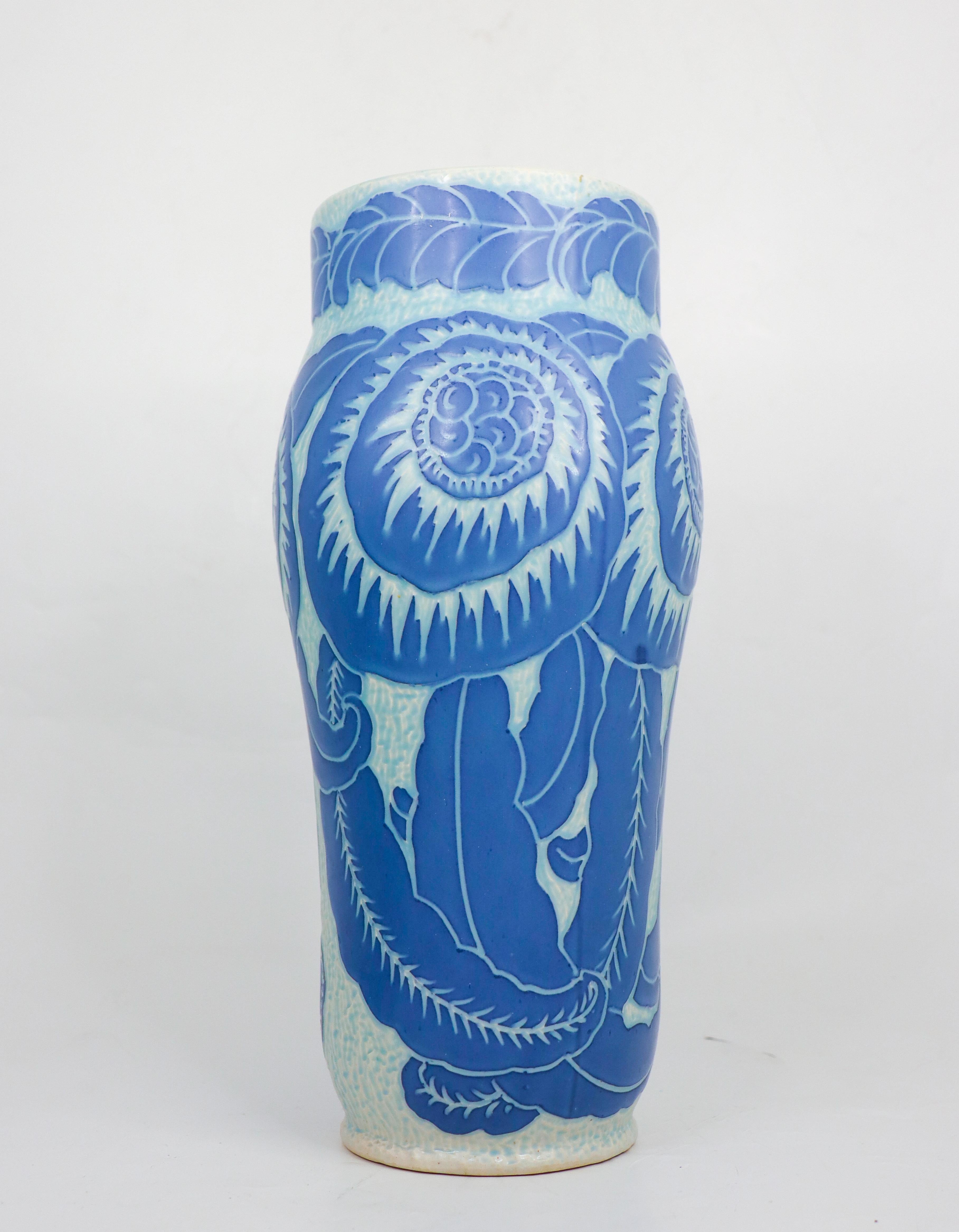 Swedish Art Nouveau Vase Ceramics, Floral Turquoise & Blue Josef Ekberg Sgrafitto 1918 For Sale