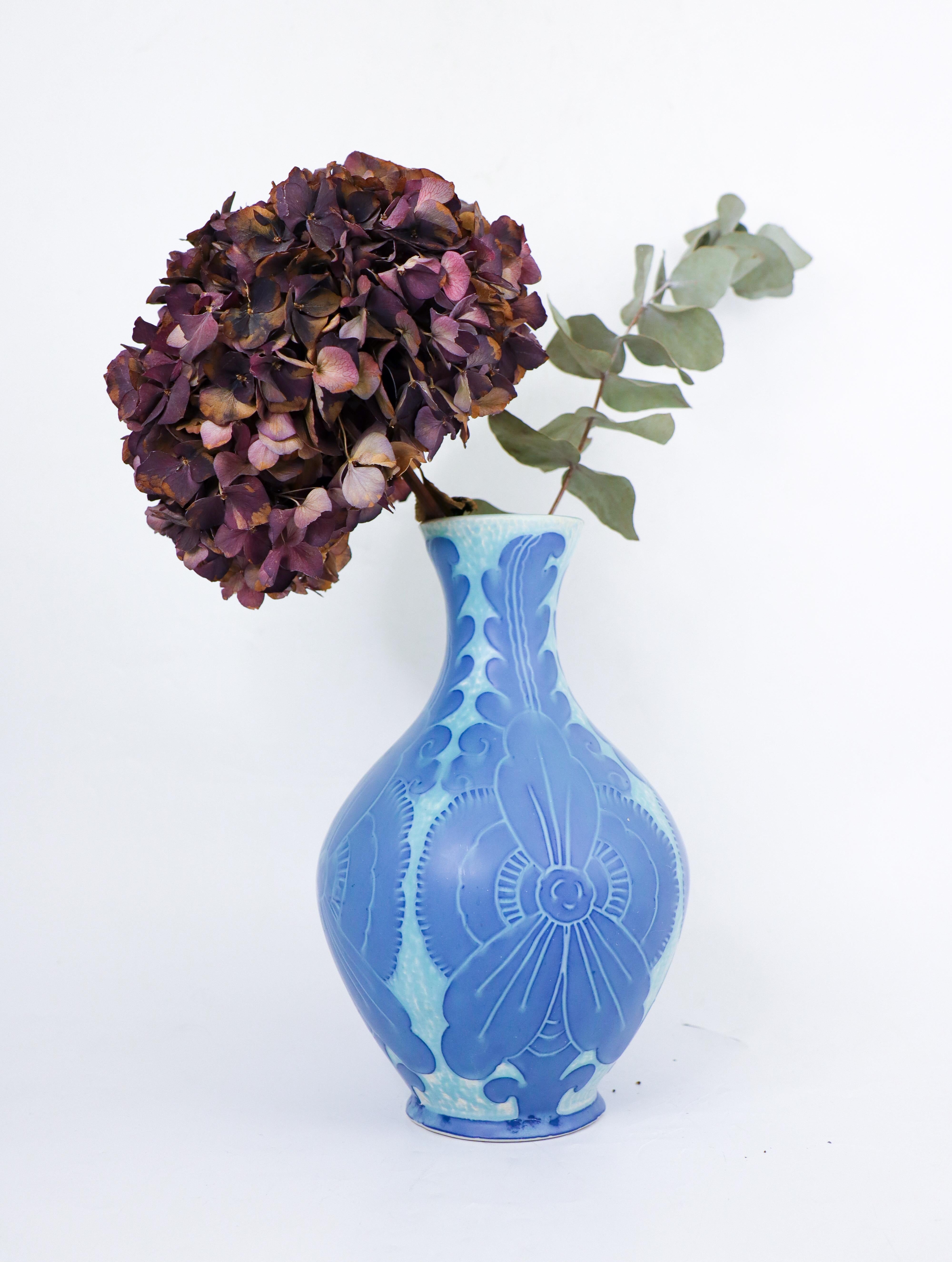 Swedish Art Nouveau Vase Ceramics, Floral Turquoise & Blue Josef Ekberg Sgrafitto 1918 For Sale