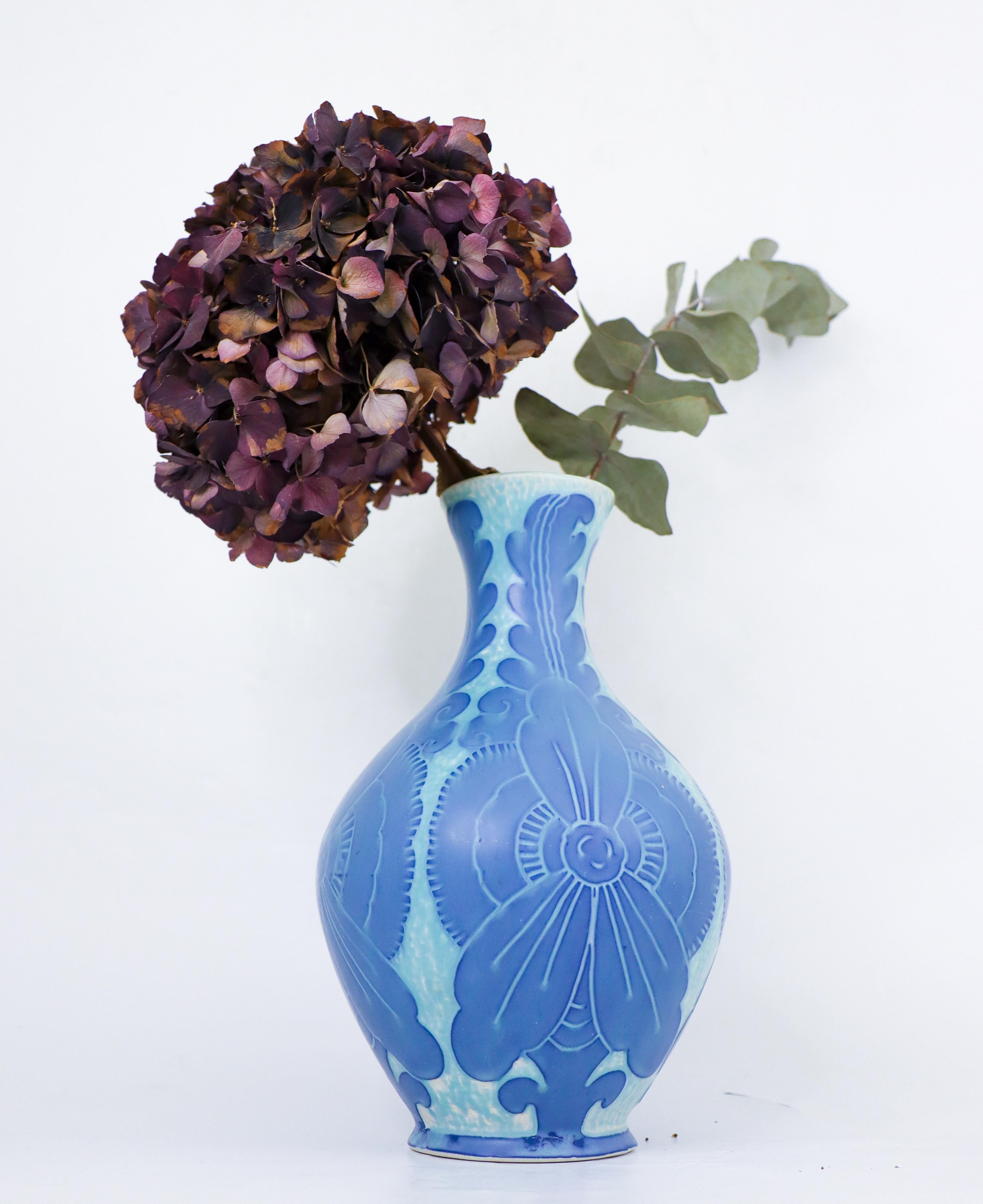 Glazed Art Nouveau Vase Ceramics, Floral Turquoise & Blue Josef Ekberg Sgrafitto 1918 For Sale