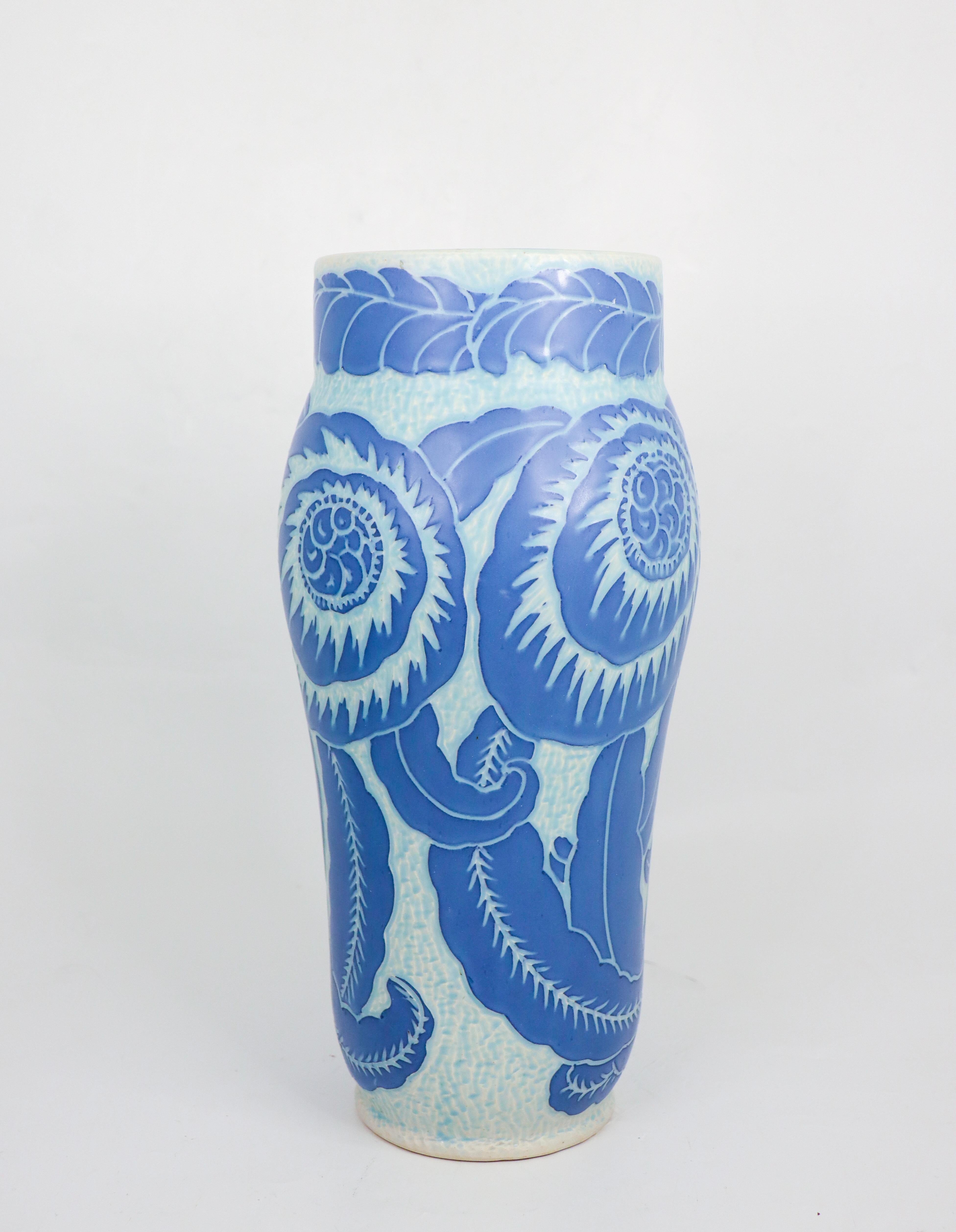Art Nouveau Vase Ceramics, Floral Turquoise & Blue Josef Ekberg Sgrafitto 1918 In Good Condition For Sale In Stockholm, SE