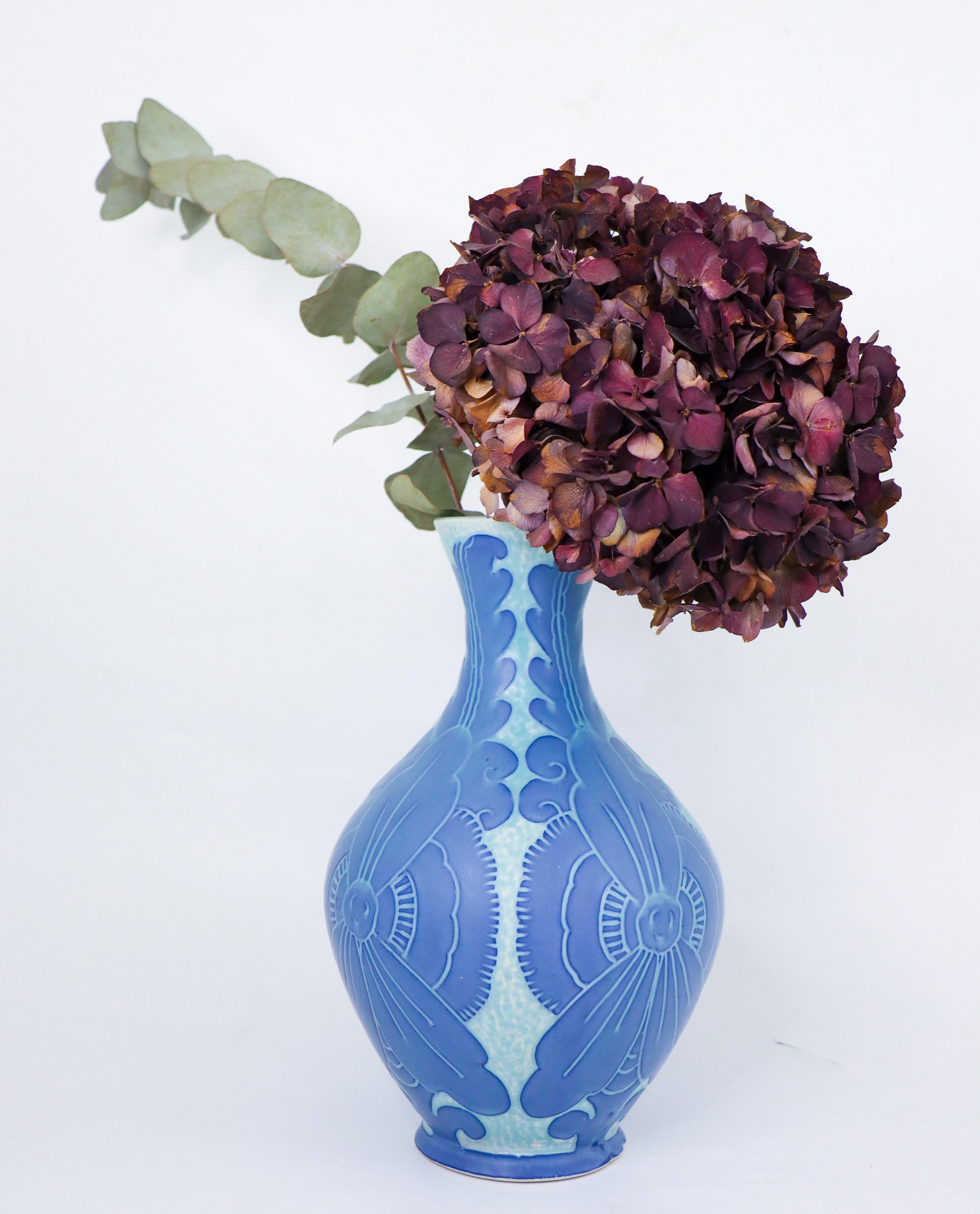 Art Nouveau Vase Ceramics, Floral Turquoise & Blue Josef Ekberg Sgrafitto 1918 In Good Condition For Sale In Stockholm, SE