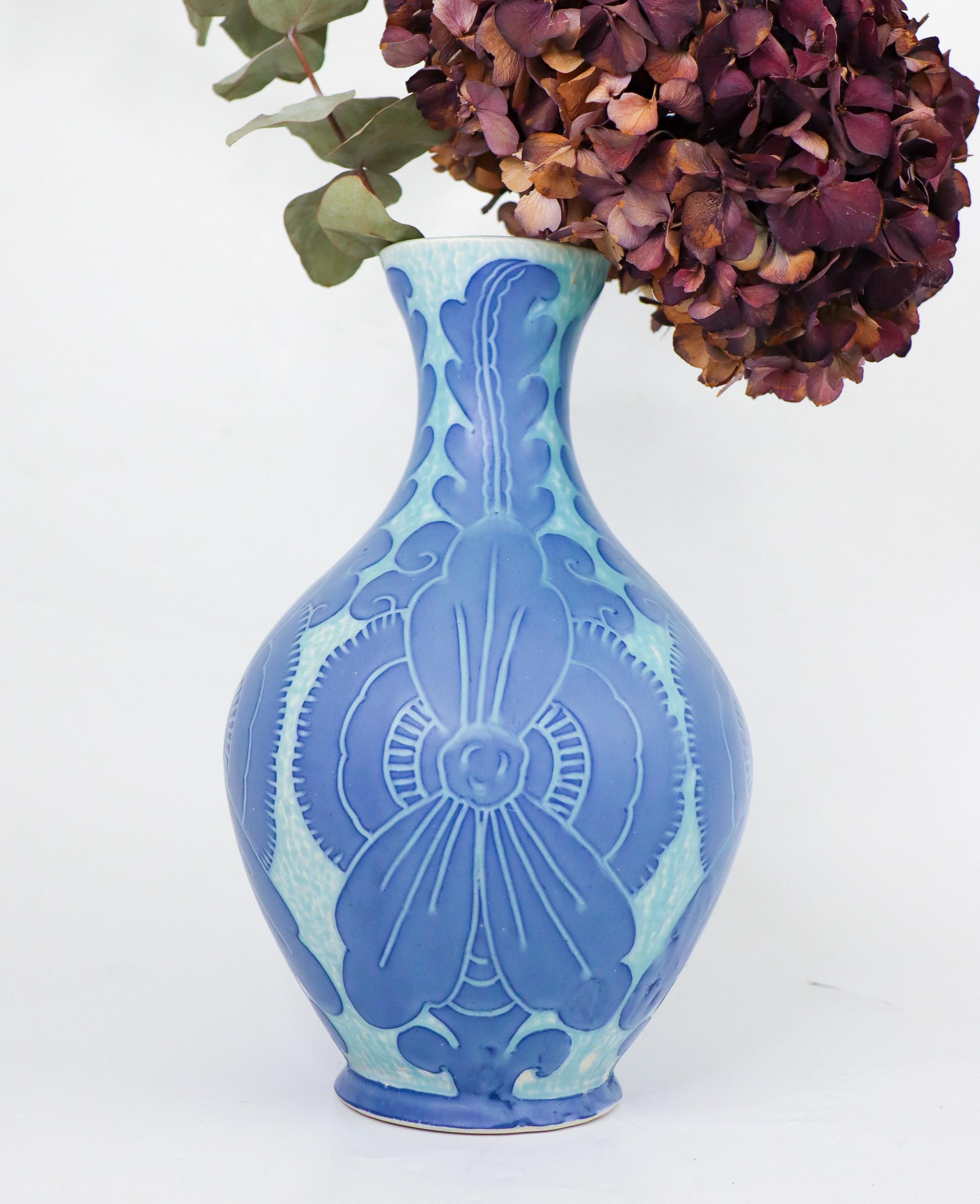 20th Century Art Nouveau Vase Ceramics, Floral Turquoise & Blue Josef Ekberg Sgrafitto 1918 For Sale