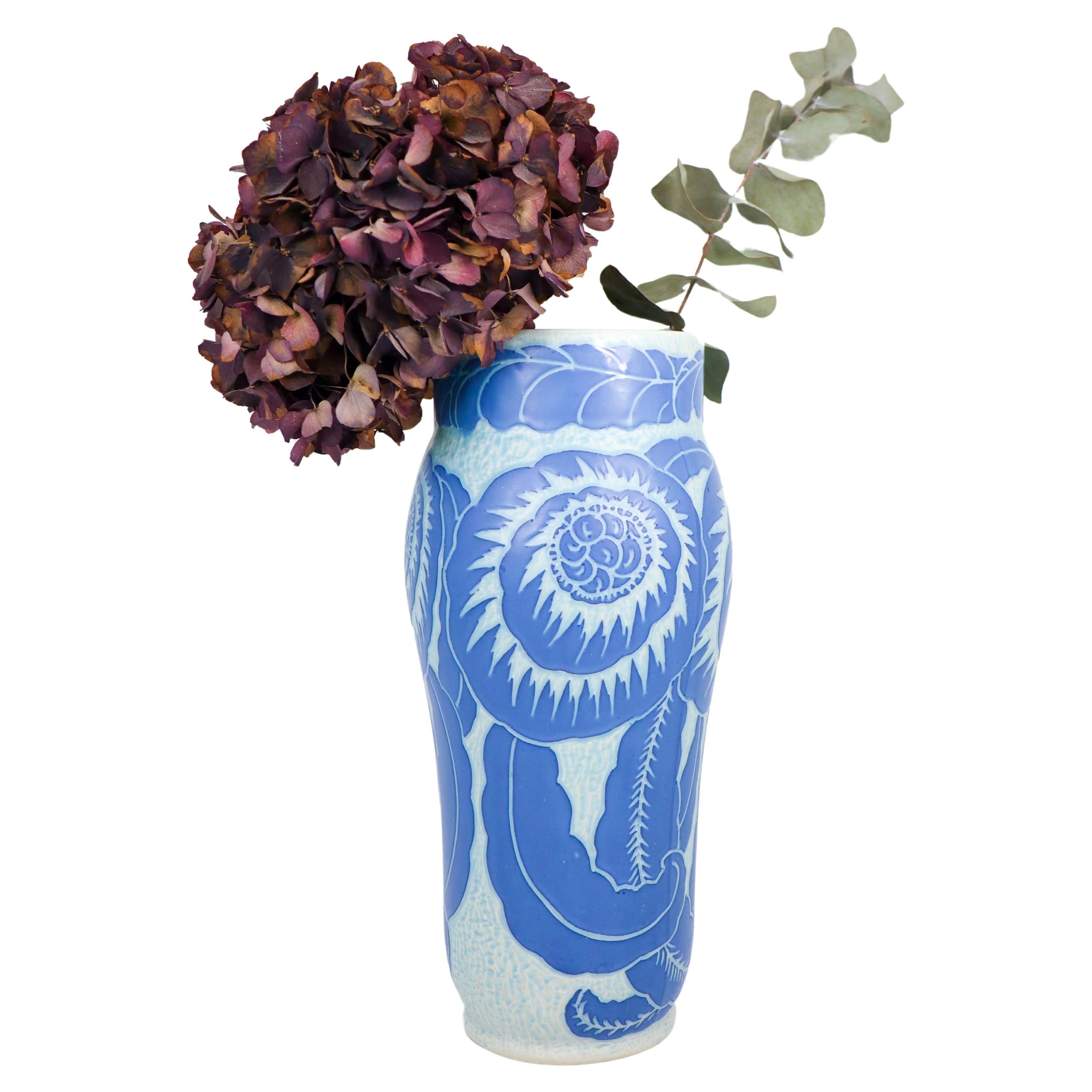 Art Nouveau Vase Ceramics, Floral Turquoise & Blue Josef Ekberg Sgrafitto 1918 For Sale