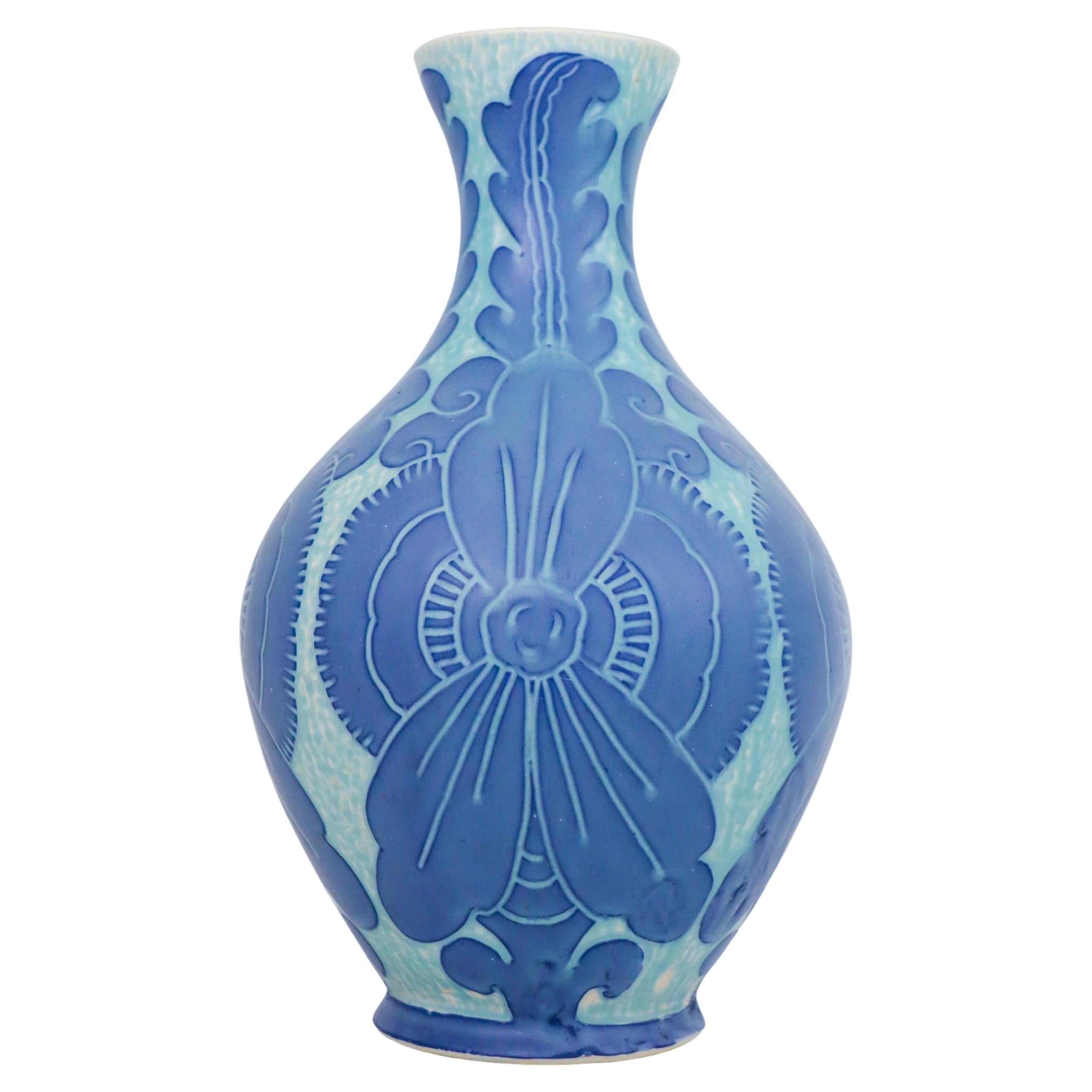 Art Nouveau Vase Ceramics, Floral Turquoise & Blue Josef Ekberg Sgrafitto 1918 For Sale