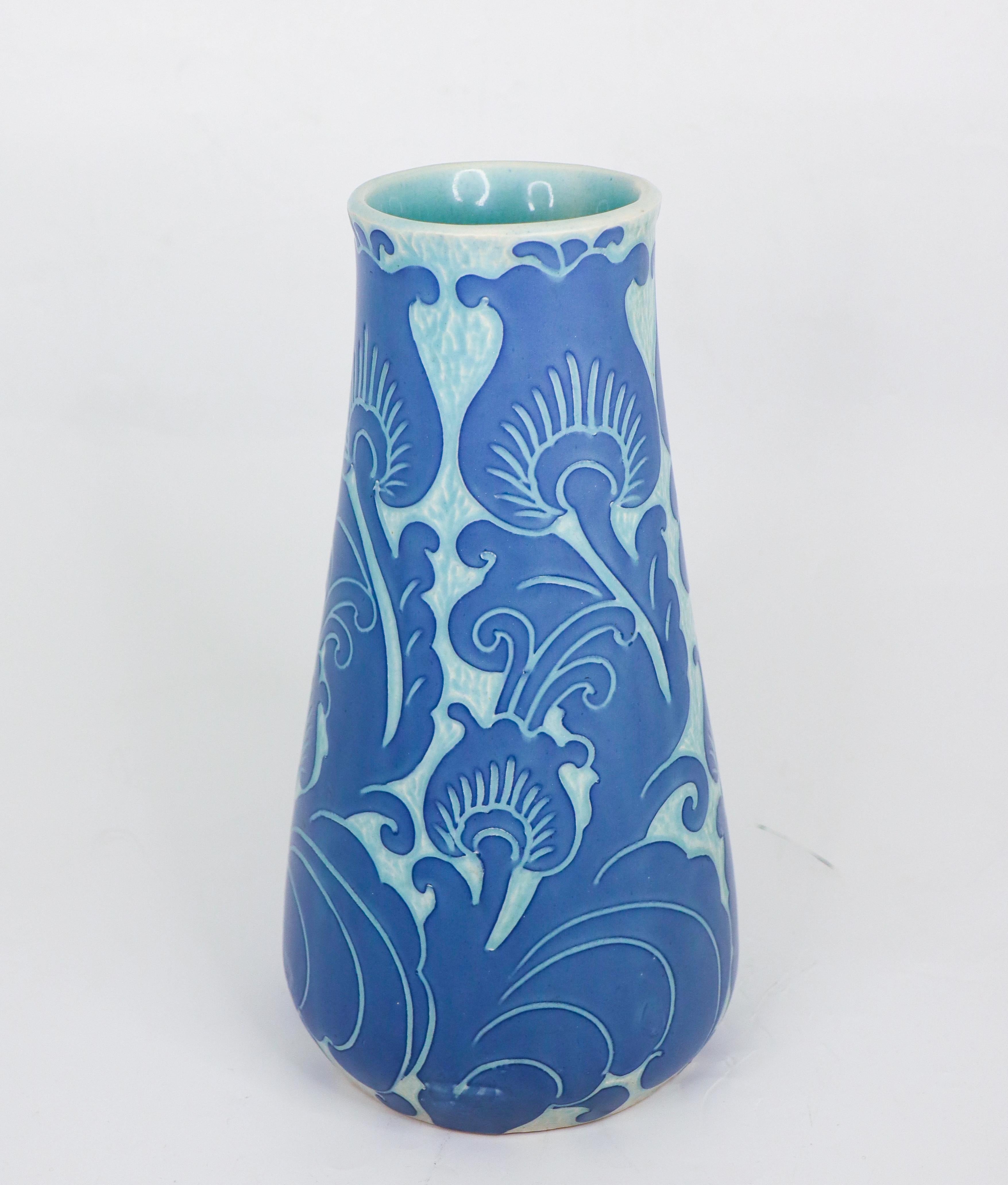 Swedish Art Nouveau Vase Ceramics, Floral Turquoise & Blue Josef Ekberg Sgrafitto 1919 For Sale