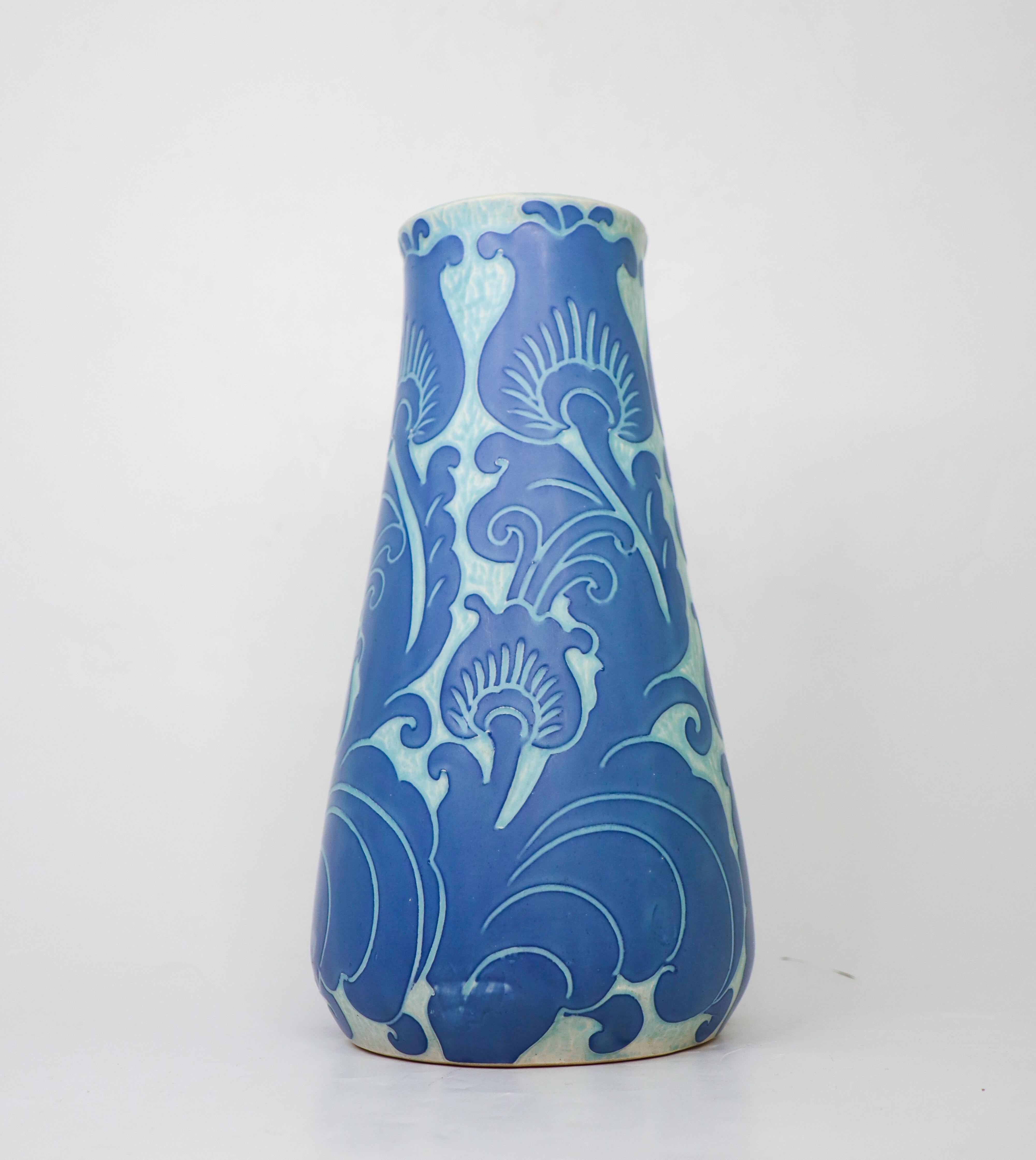 Glazed Art Nouveau Vase Ceramics, Floral Turquoise & Blue Josef Ekberg Sgrafitto 1919 For Sale