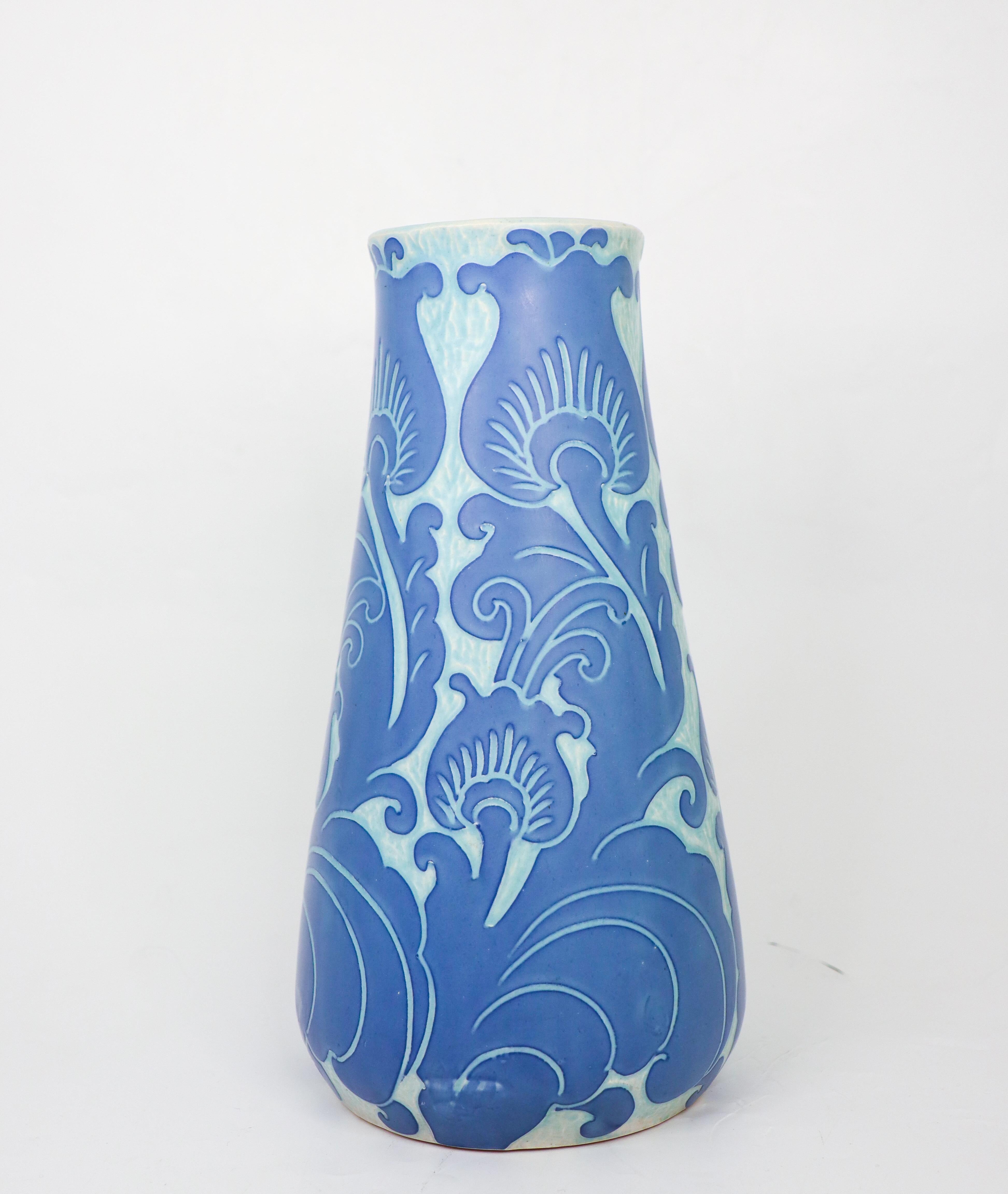 Art Nouveau Vase Ceramics, Floral Turquoise & Blue Josef Ekberg Sgrafitto 1919 In Good Condition For Sale In Stockholm, SE