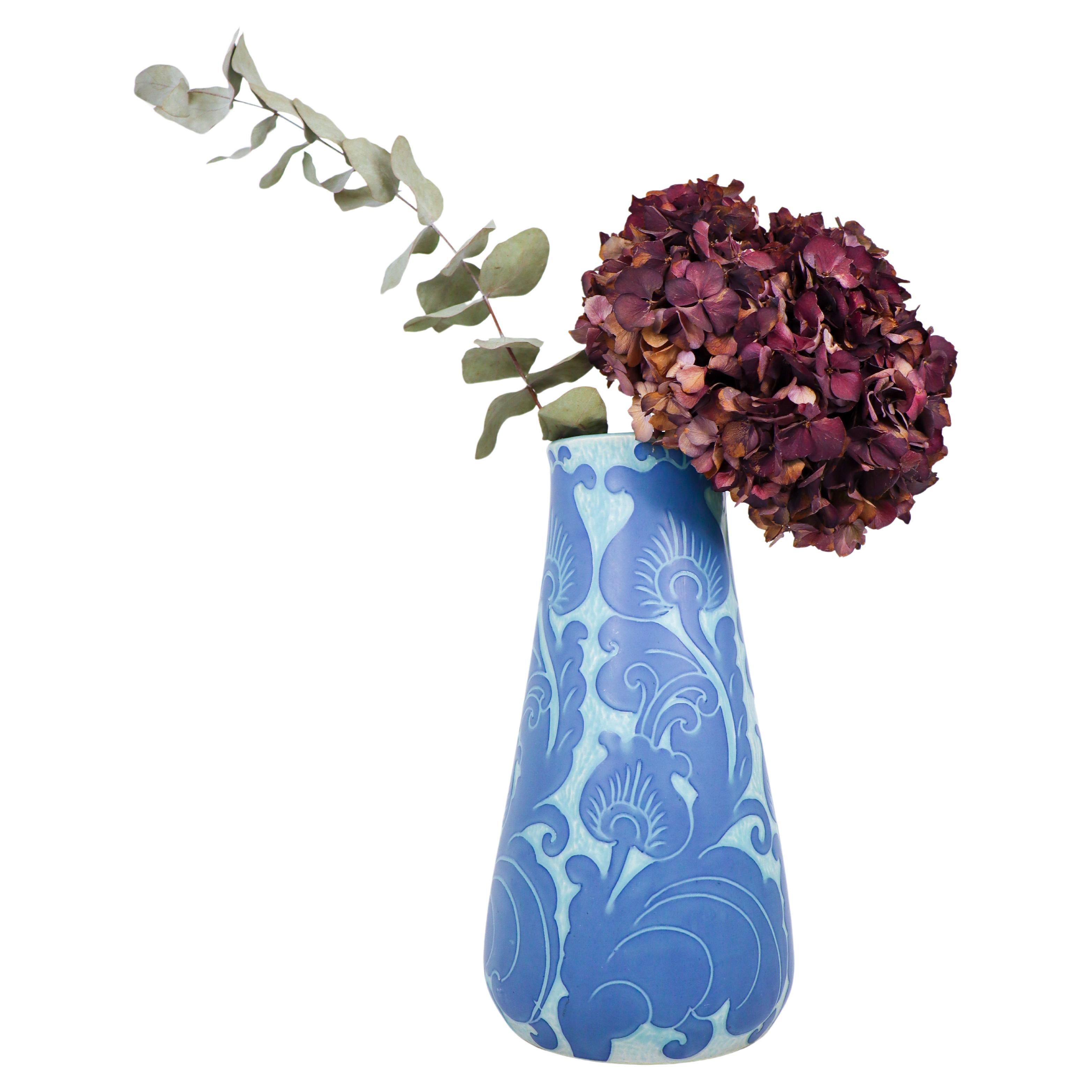 Art Nouveau Vase Ceramics, Floral Turquoise & Blue Josef Ekberg Sgrafitto 1919 For Sale