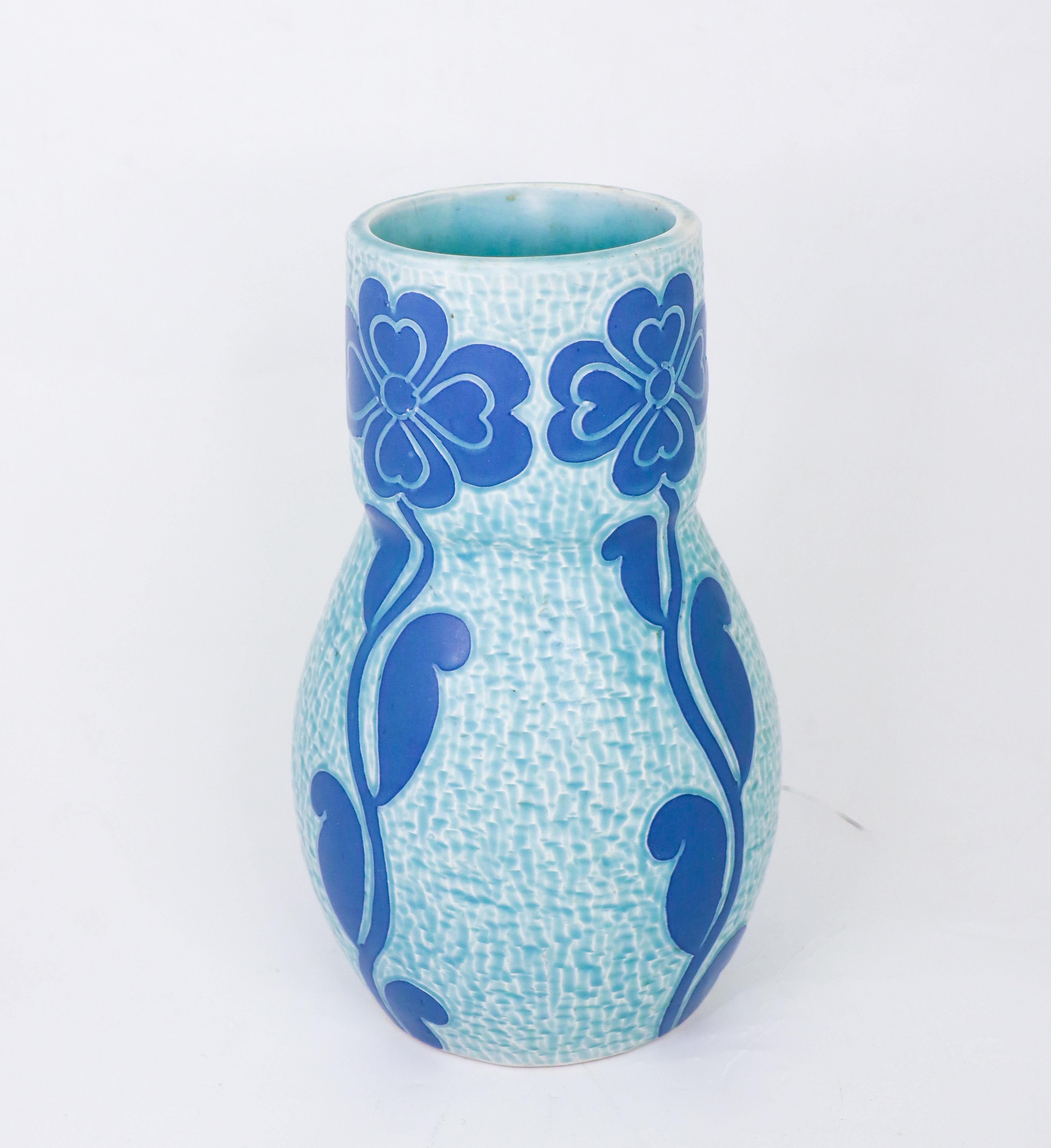 Swedish Art Nouveau Vase Ceramics, Floral Turquoise & Blue Josef Ekberg Sgrafitto 1920 For Sale