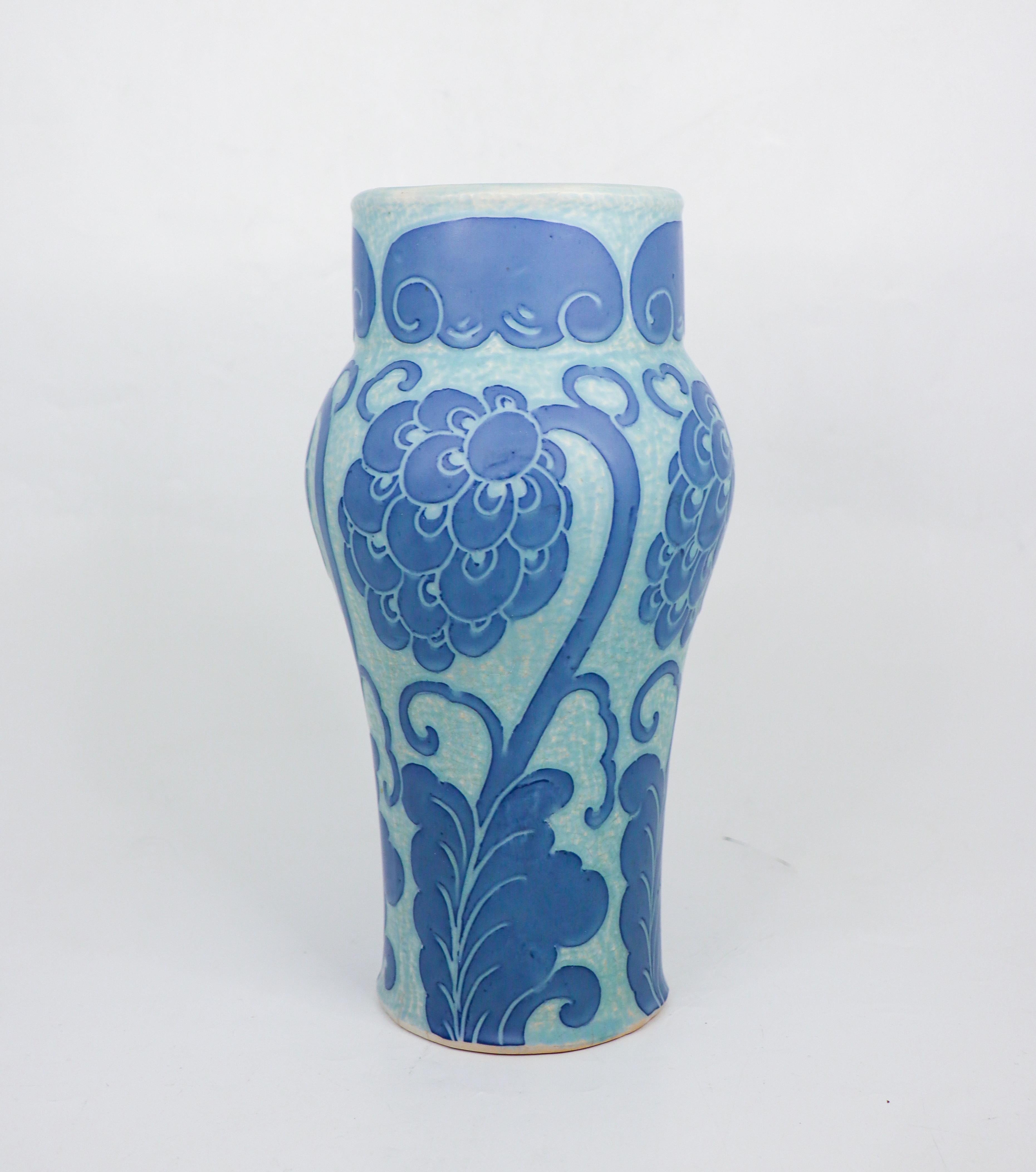 Swedish Art Nouveau Vase Ceramics, Floral Turquoise & Blue Josef Ekberg Sgrafitto 1920 For Sale