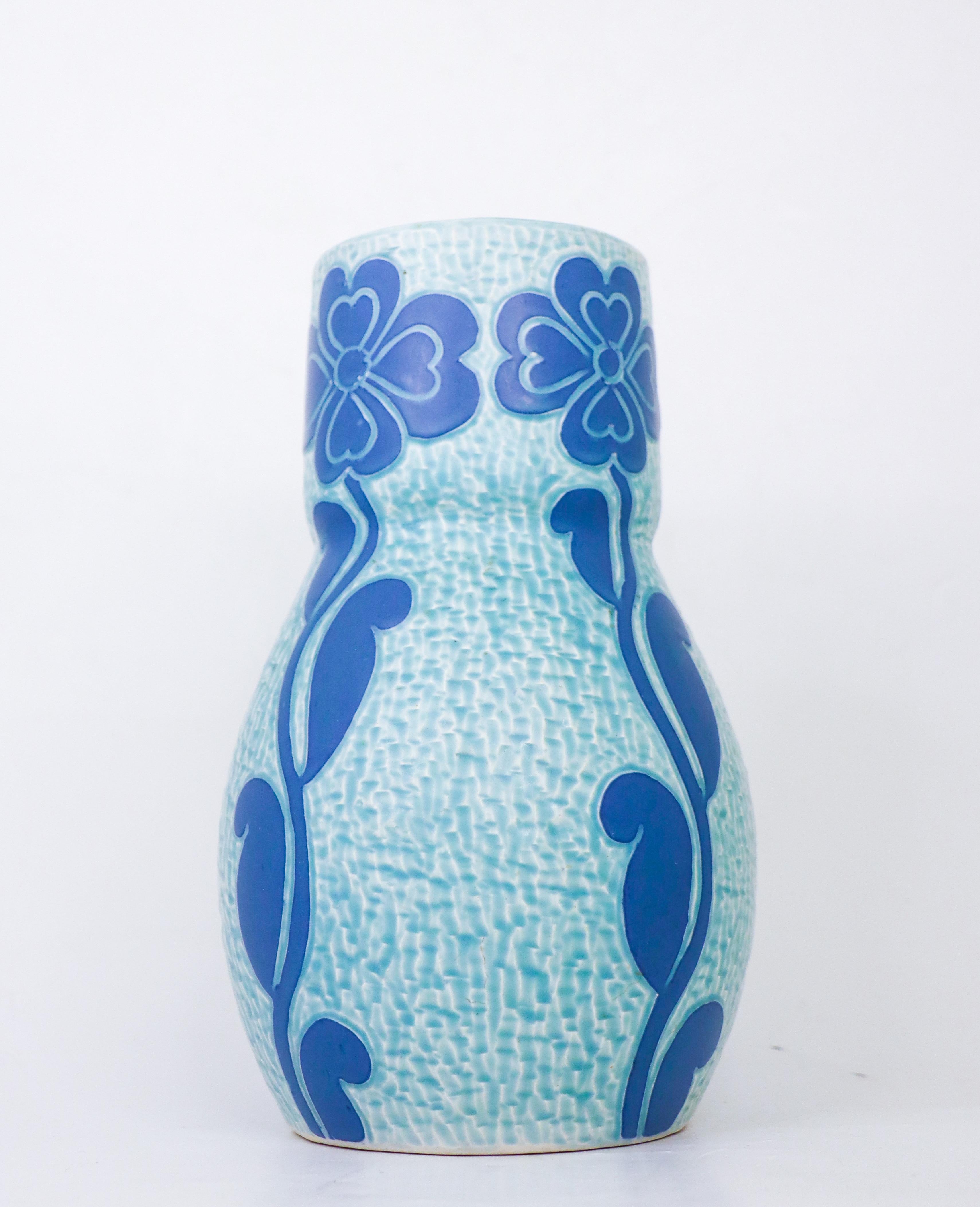 Glazed Art Nouveau Vase Ceramics, Floral Turquoise & Blue Josef Ekberg Sgrafitto 1920 For Sale