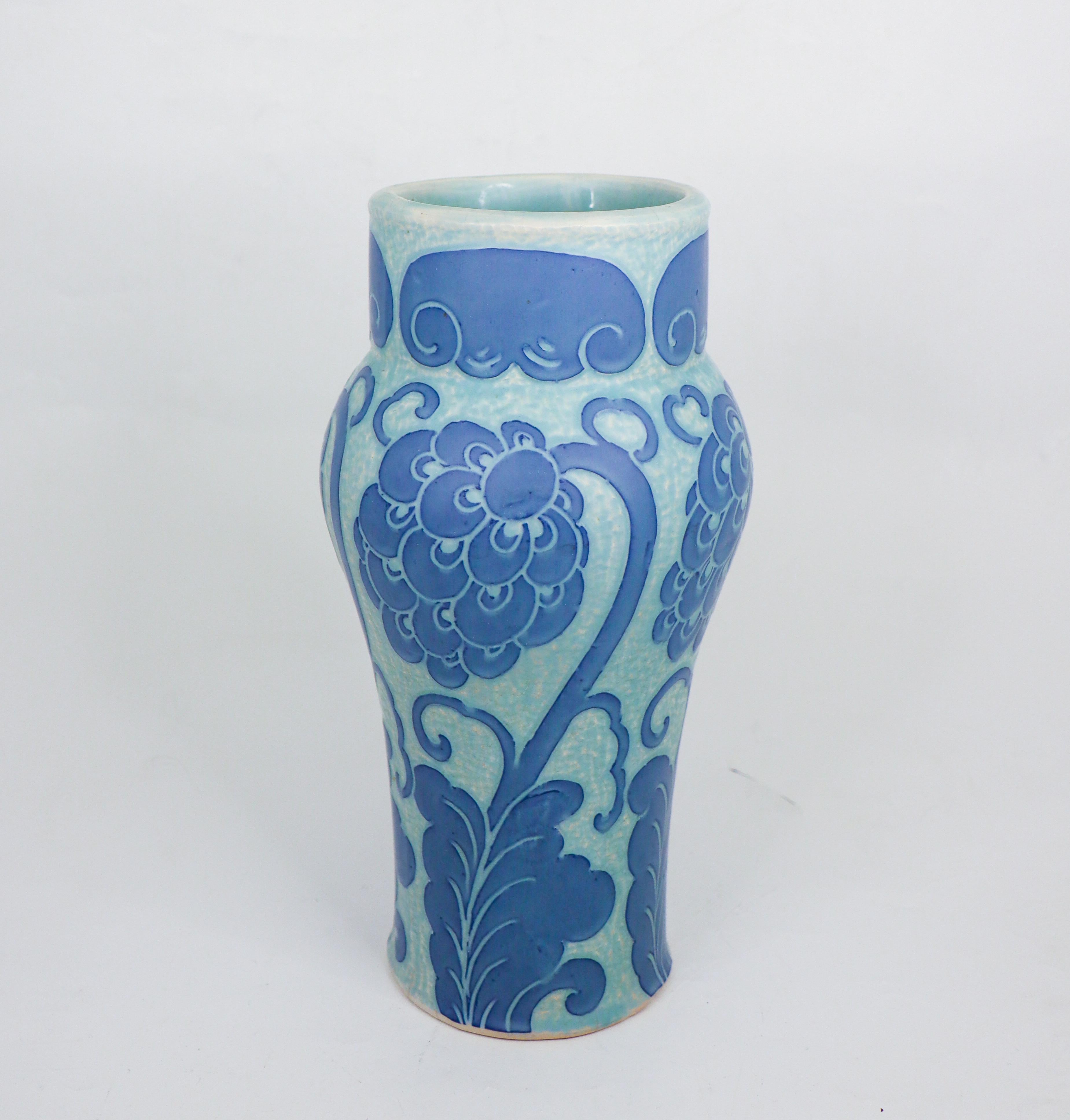 Glazed Art Nouveau Vase Ceramics, Floral Turquoise & Blue Josef Ekberg Sgrafitto 1920 For Sale