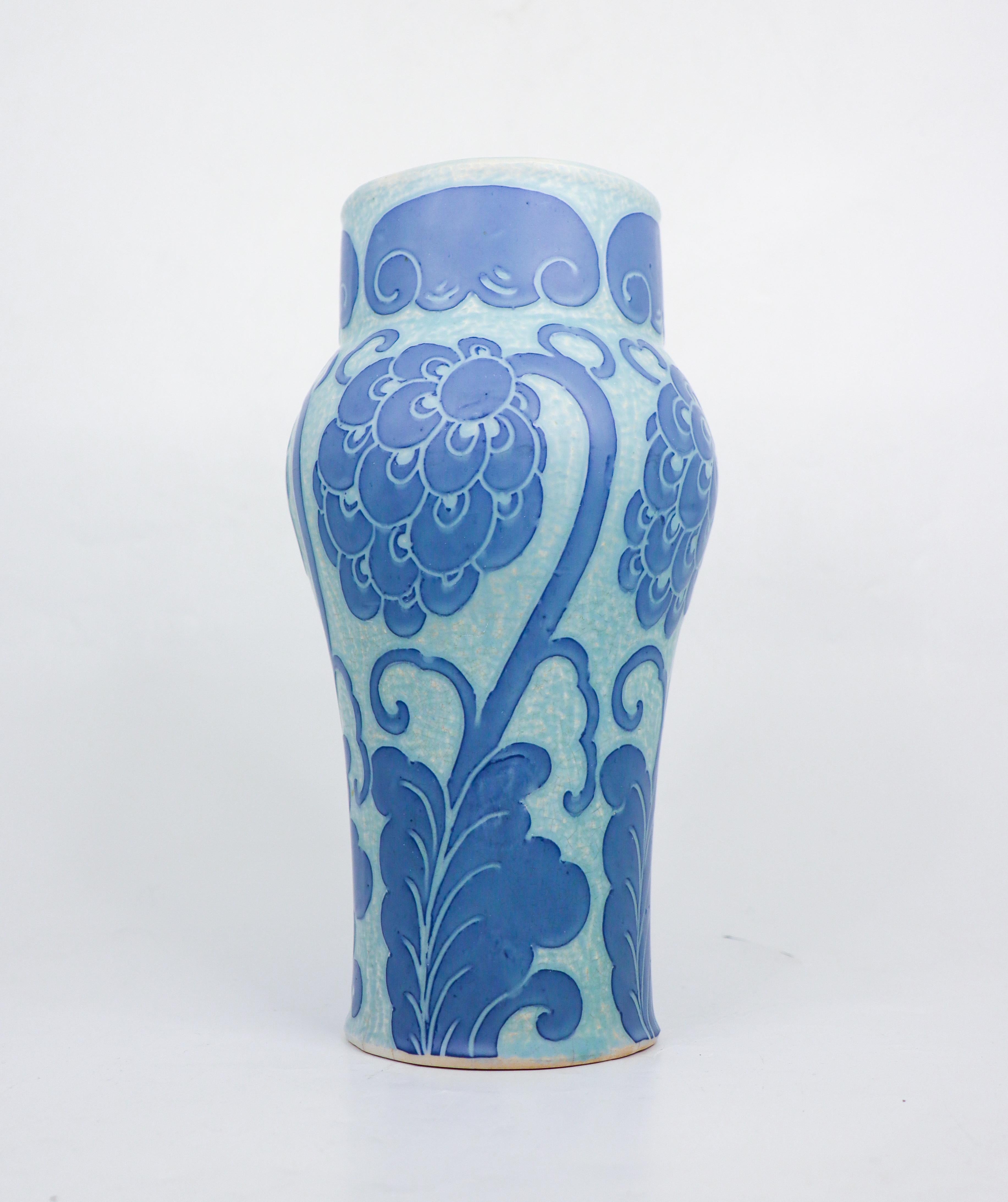 Art Nouveau Vase Ceramics, Floral Turquoise & Blue Josef Ekberg Sgrafitto 1920 In Good Condition For Sale In Stockholm, SE