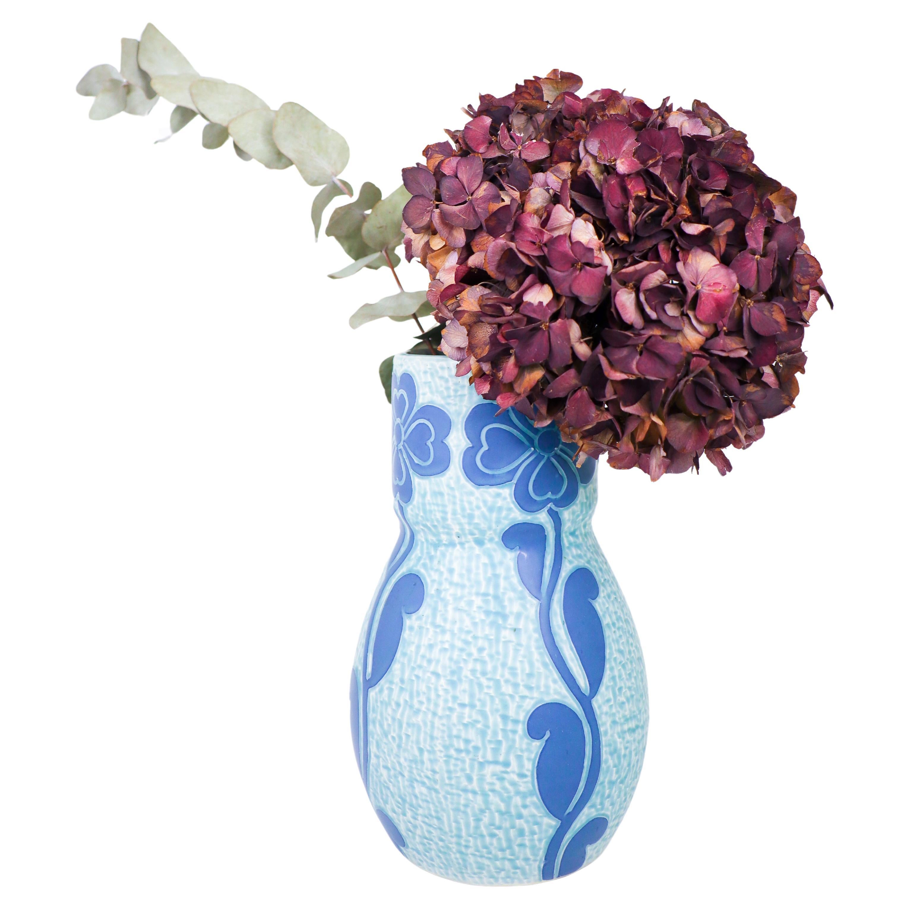 Art Nouveau Vase Ceramics, Floral Turquoise & Blue Josef Ekberg Sgrafitto 1920