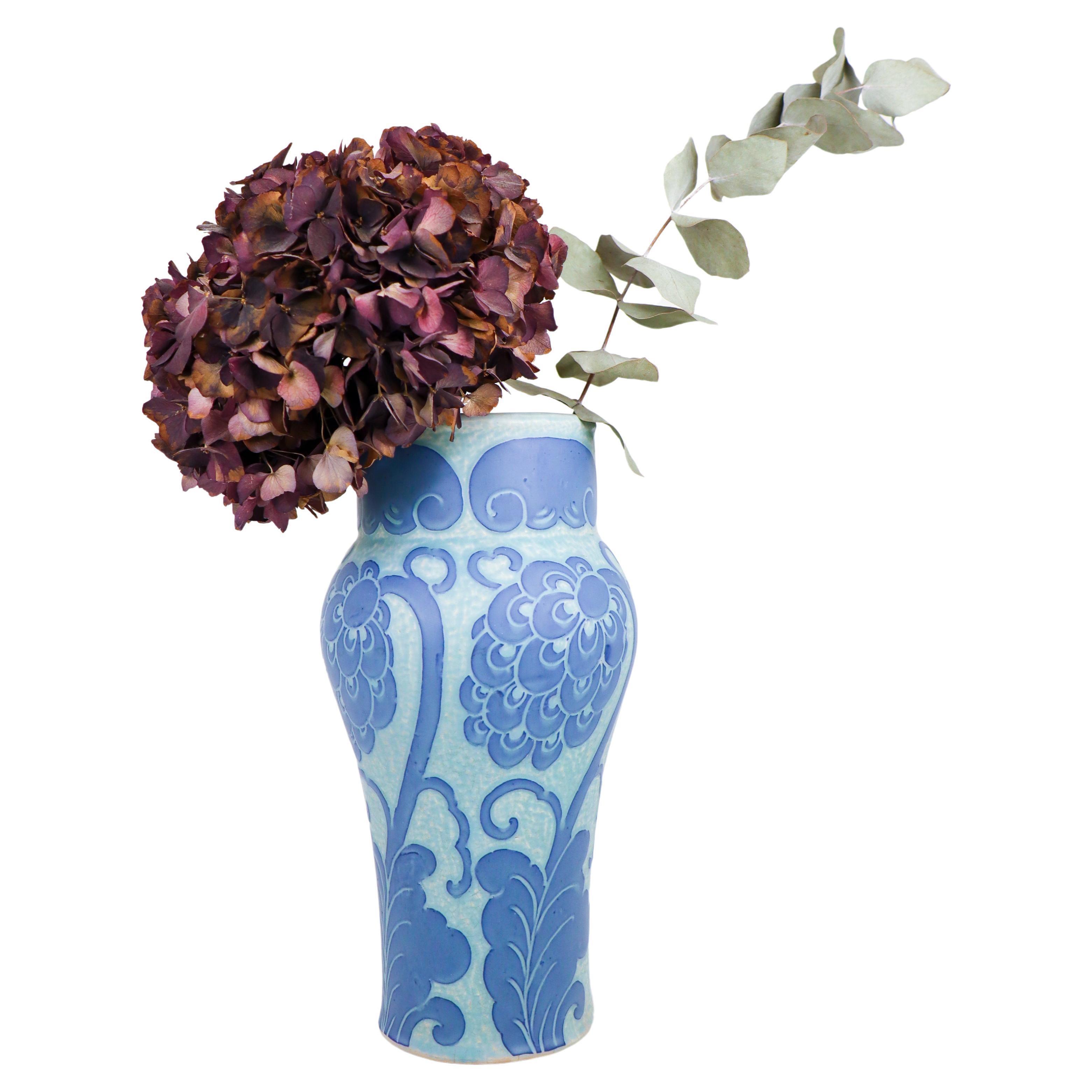Art Nouveau Vase Ceramics, Floral Turquoise & Blue Josef Ekberg Sgrafitto 1920 For Sale