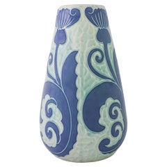 Art Nouveau Vase Ceramics, Floral Turquoise & Blue Josef Ekberg Sgrafitto 1921