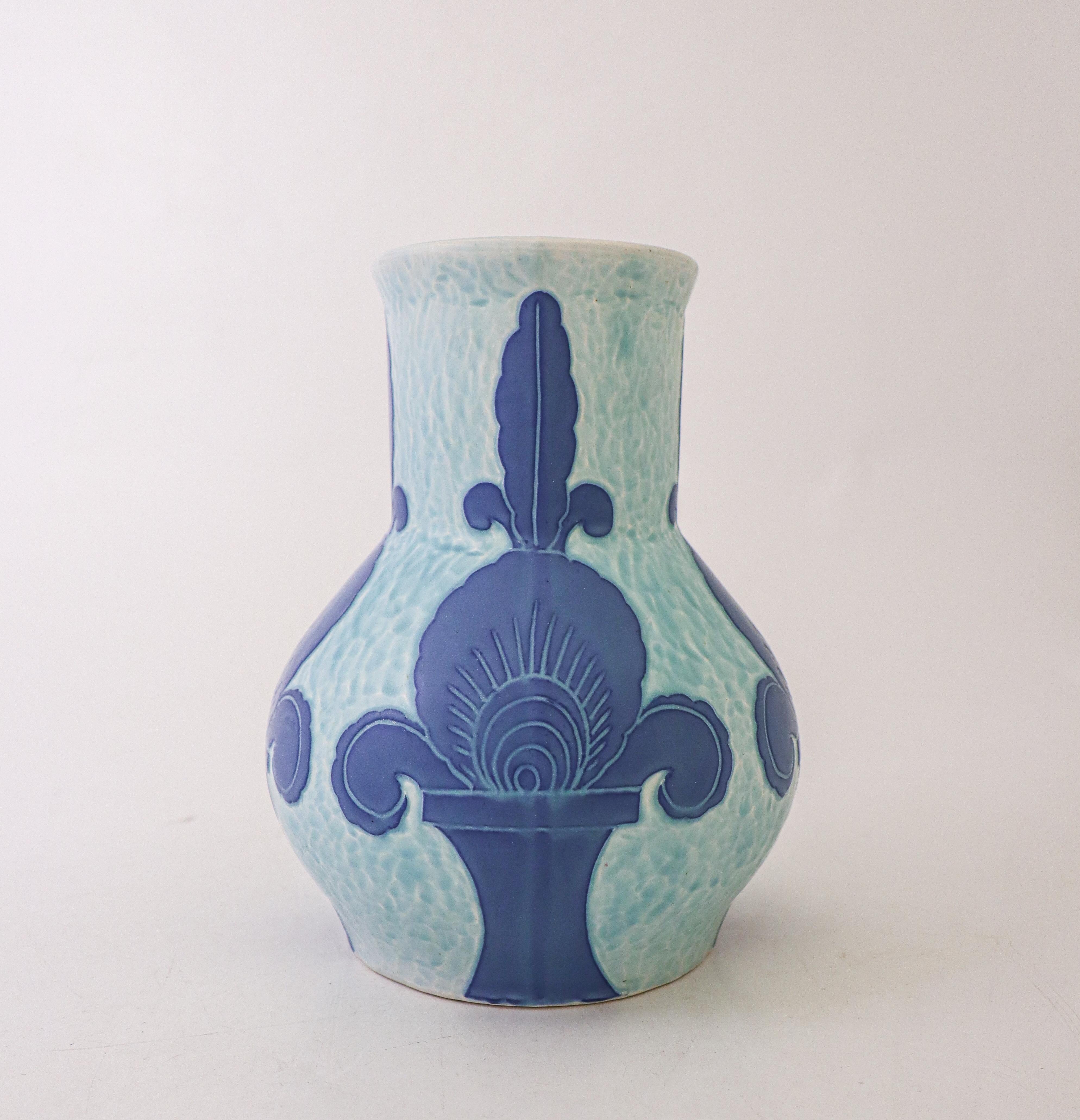 Swedish Art Nouveau Vase Ceramics, Floral Turquoise & Blue Josef Ekberg Sgrafitto 1924 For Sale