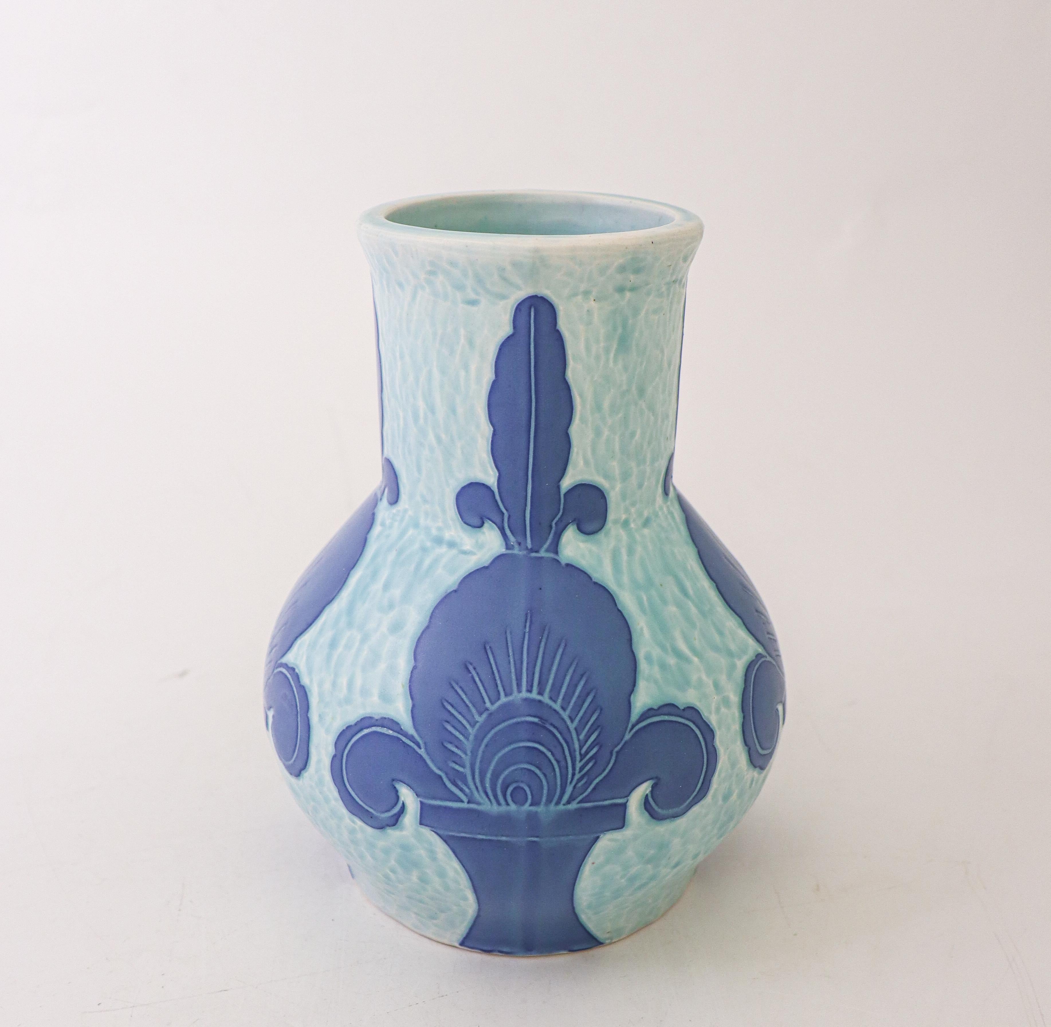 Glazed Art Nouveau Vase Ceramics, Floral Turquoise & Blue Josef Ekberg Sgrafitto 1924 For Sale
