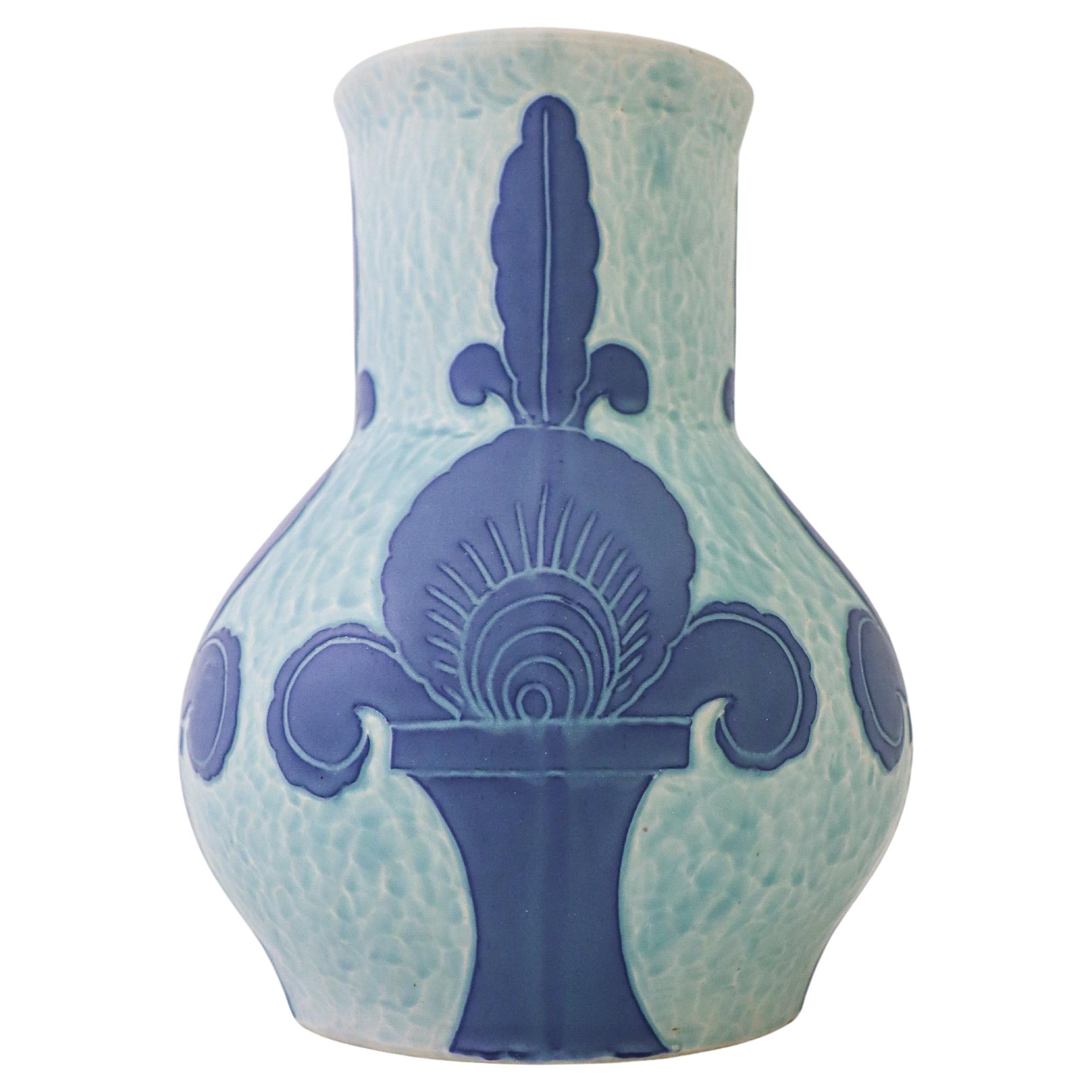 Art Nouveau Vase Ceramics, Floral Turquoise & Blue Josef Ekberg Sgrafitto 1924 For Sale
