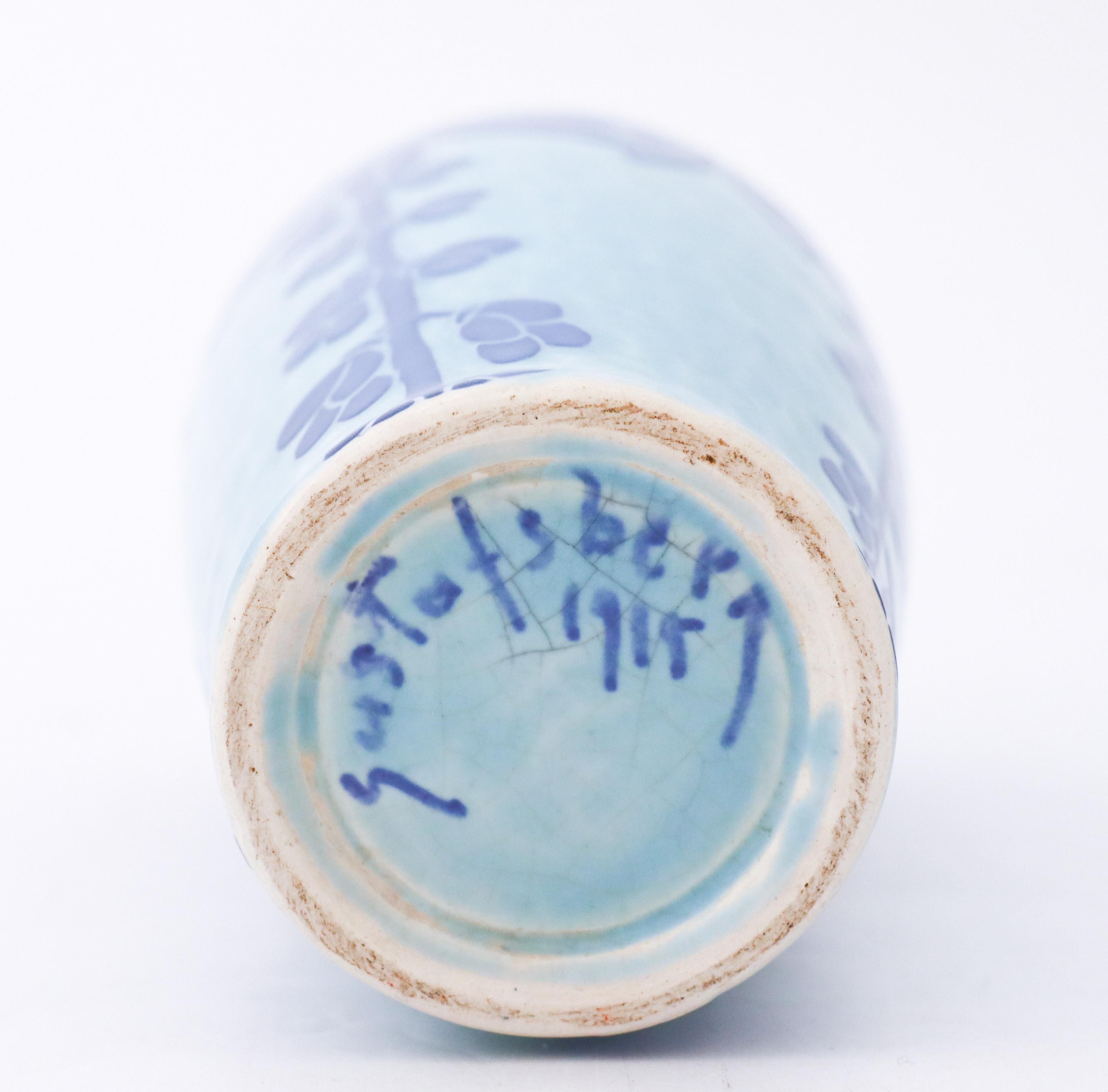 Art Nouveau Vase Ceramics, Floral Turquoise & Blue, Scandinavian Vintage, 1915 4