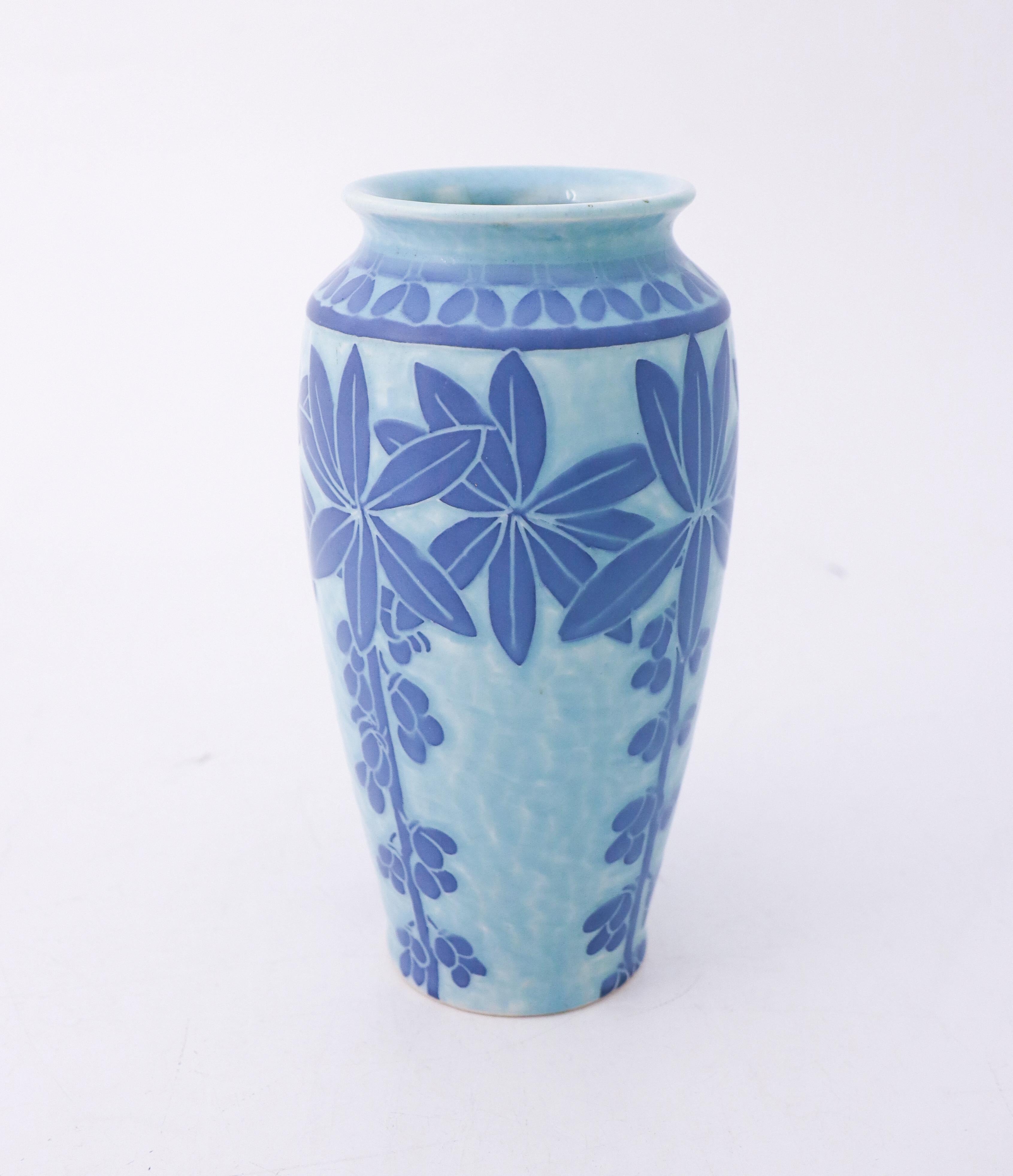 Swedish Art Nouveau Vase Ceramics, Floral Turquoise & Blue, Scandinavian Vintage, 1915