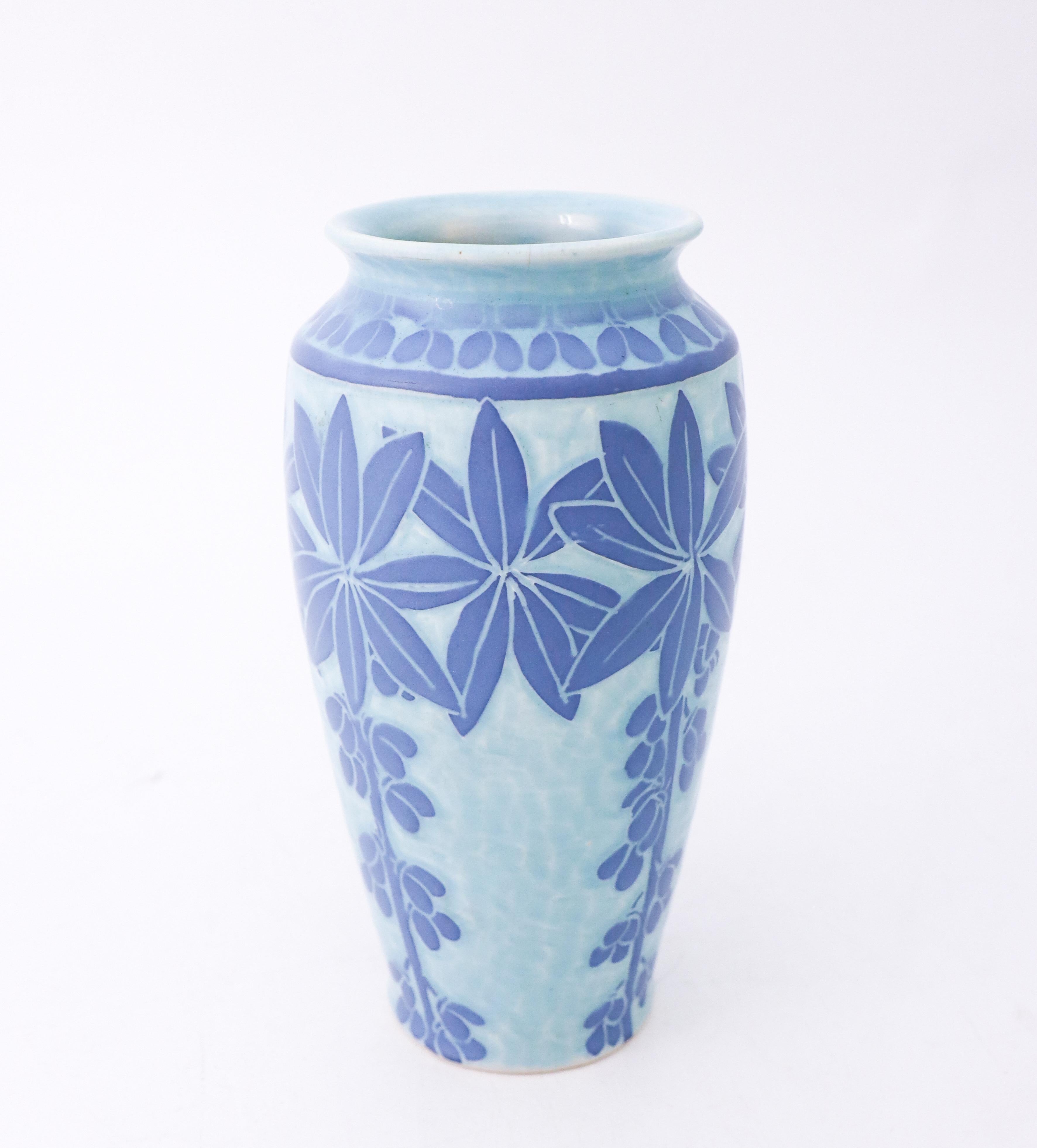 Glazed Art Nouveau Vase Ceramics, Floral Turquoise & Blue, Scandinavian Vintage, 1915