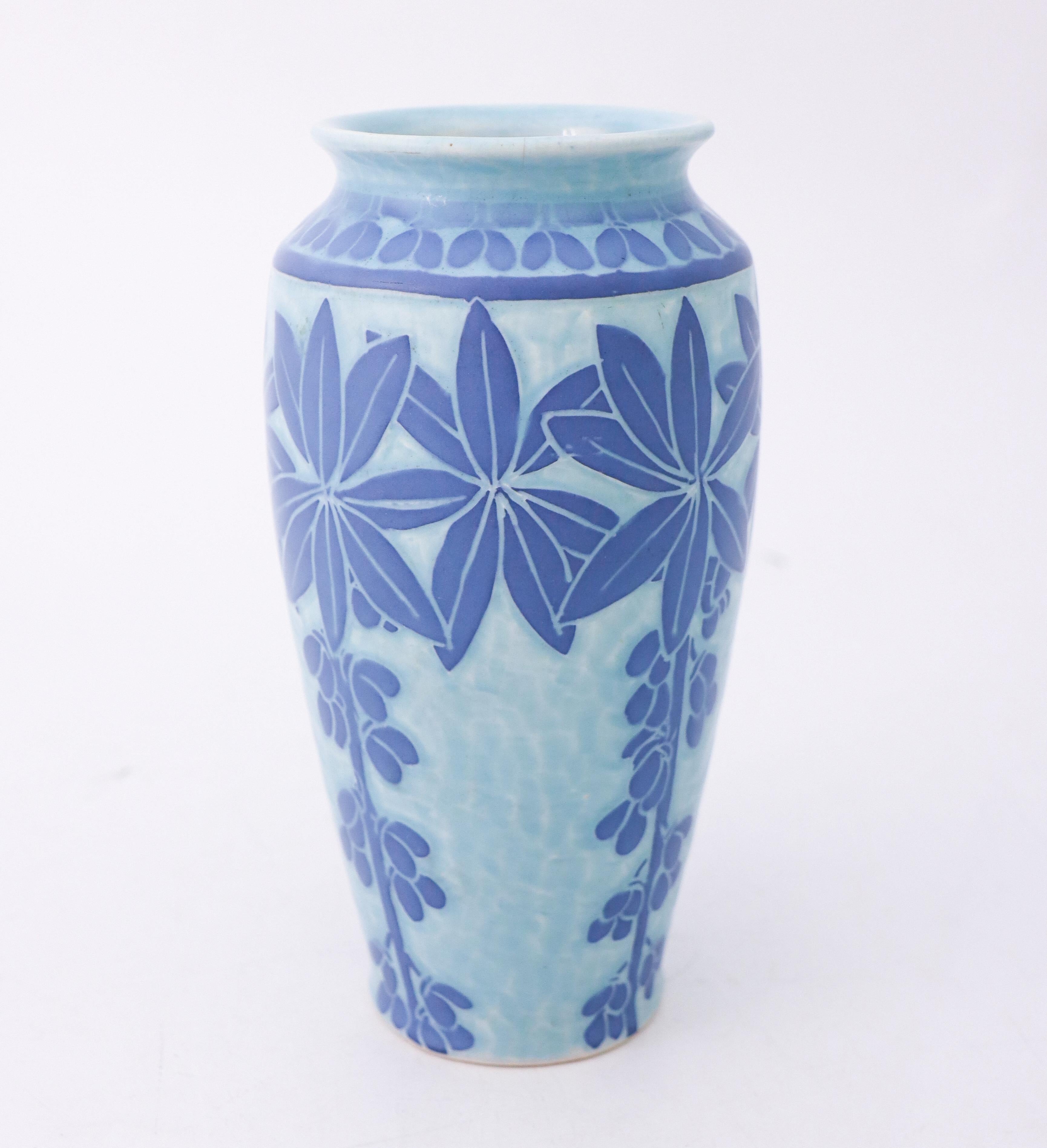 Art Nouveau Vase Ceramics, Floral Turquoise & Blue, Scandinavian Vintage, 1915 In Good Condition In Stockholm, SE
