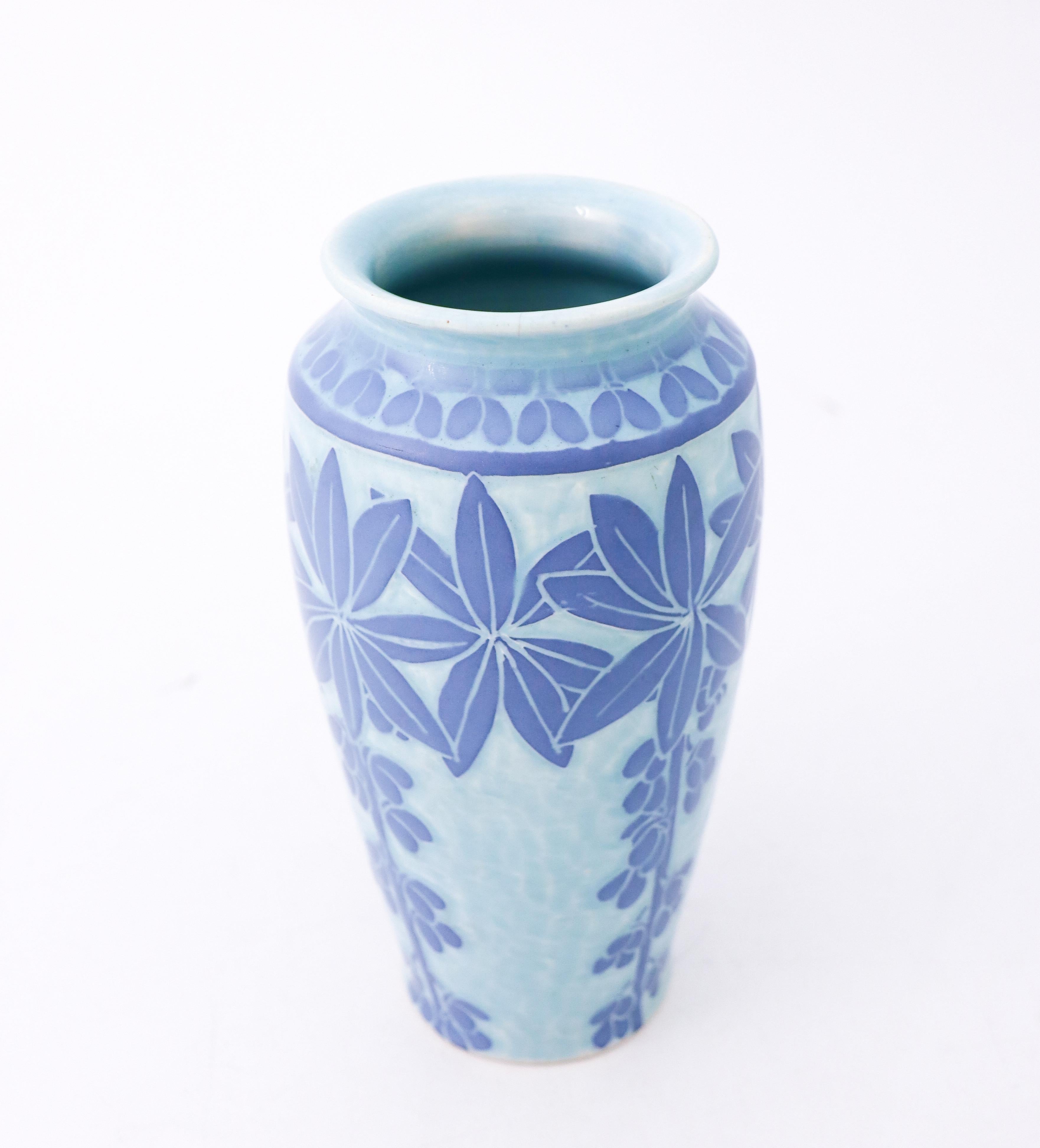 20th Century Art Nouveau Vase Ceramics, Floral Turquoise & Blue, Scandinavian Vintage, 1915