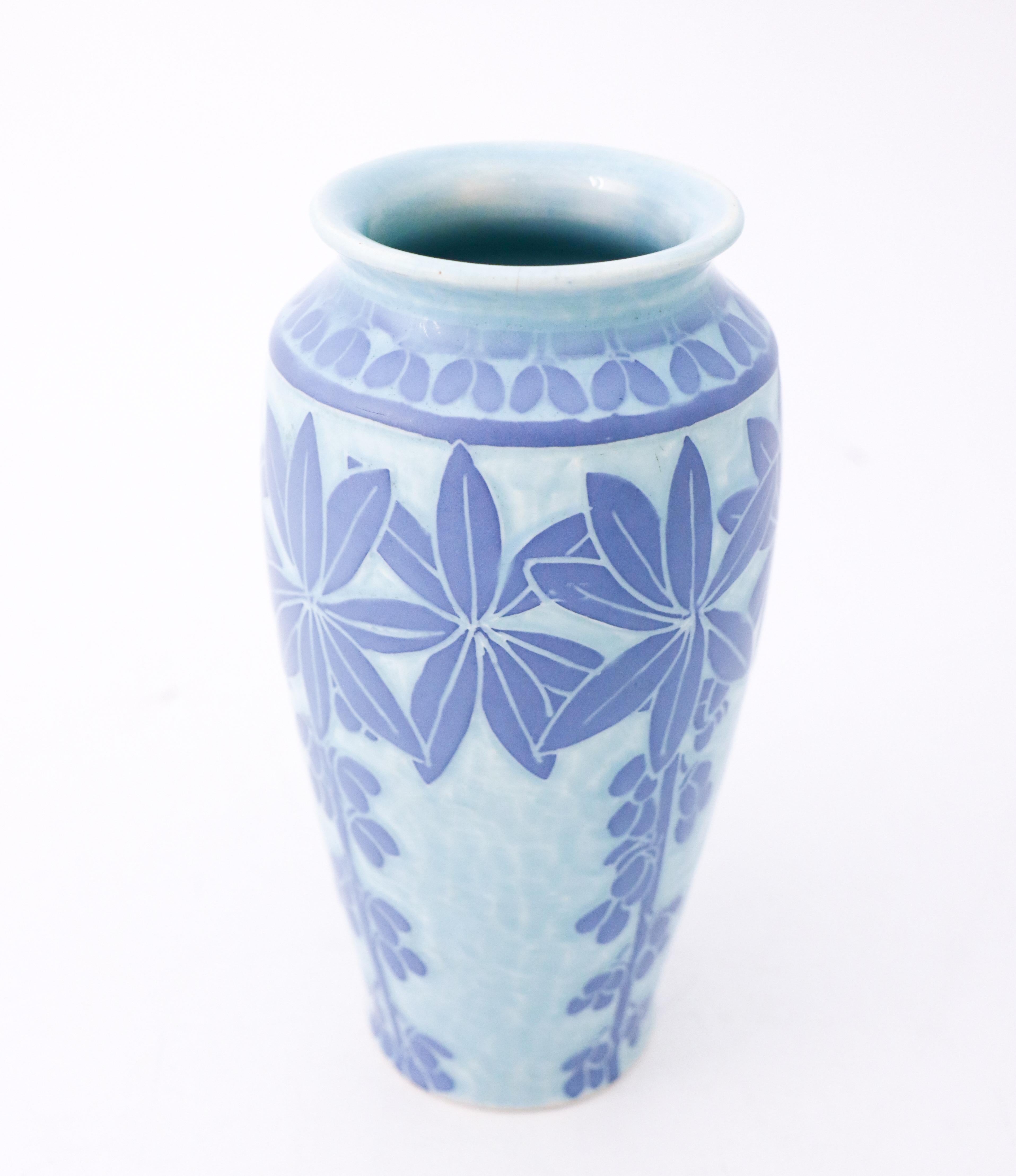 Art Nouveau Vase Ceramics, Floral Turquoise & Blue, Scandinavian Vintage, 1915 1