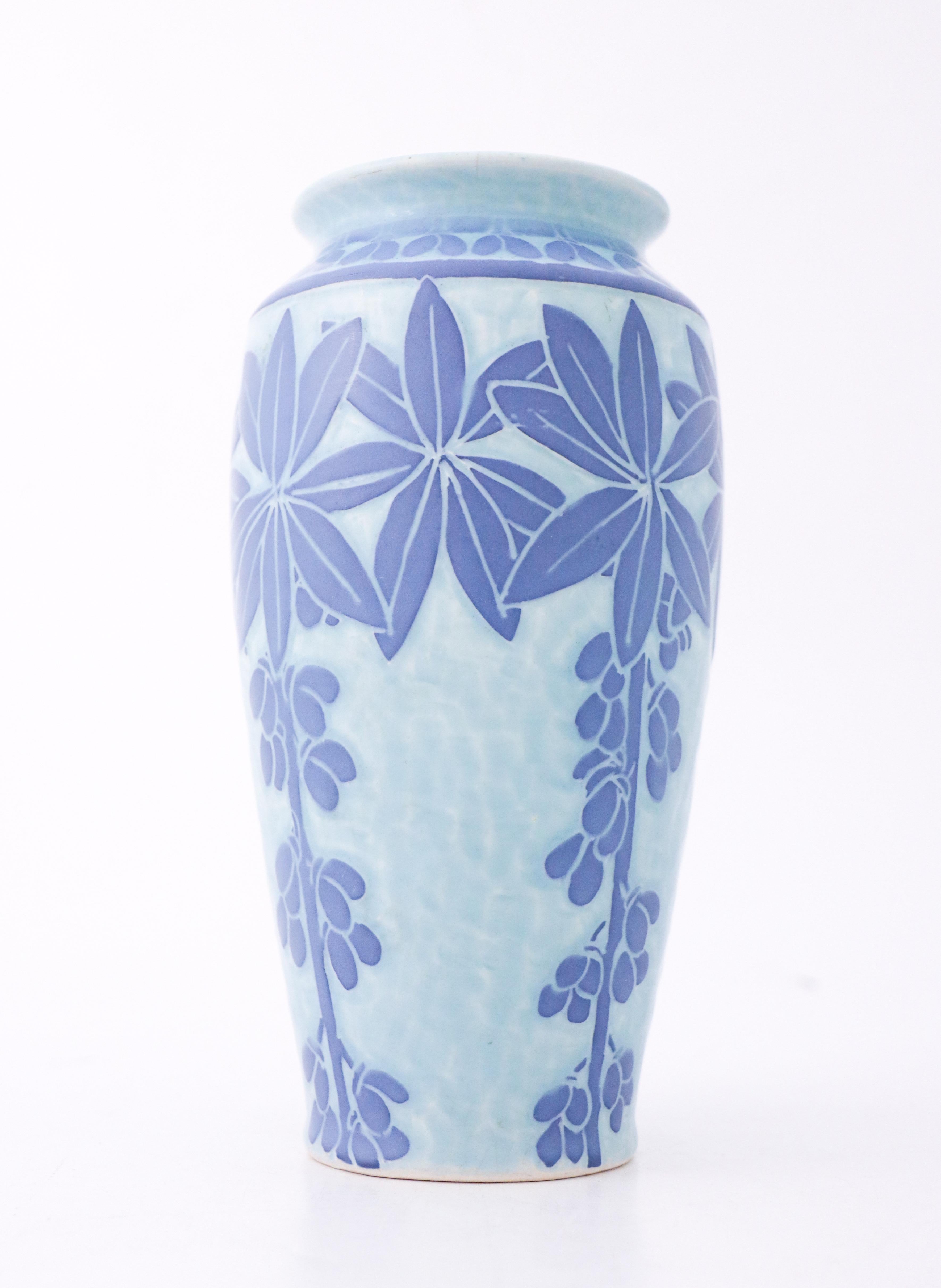 Art Nouveau Vase Ceramics, Floral Turquoise & Blue, Scandinavian Vintage, 1915 2