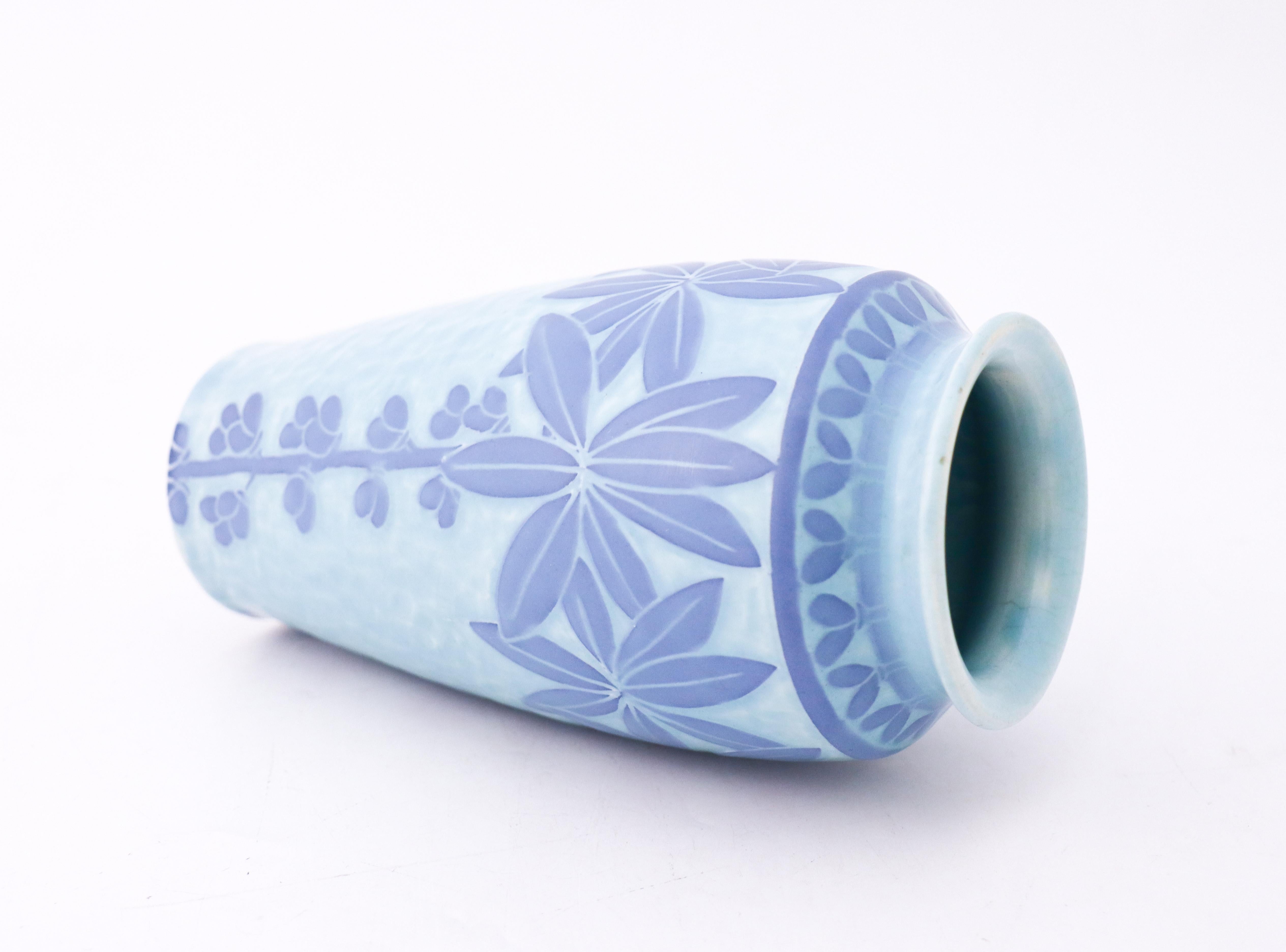 Art Nouveau Vase Ceramics, Floral Turquoise & Blue, Scandinavian Vintage, 1915 3