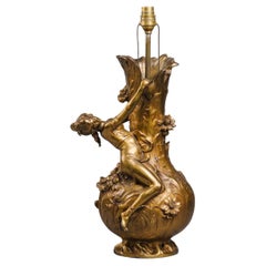 Antique Art Nouveau Vase Depicting a Naiad, Mounted As A Lamp