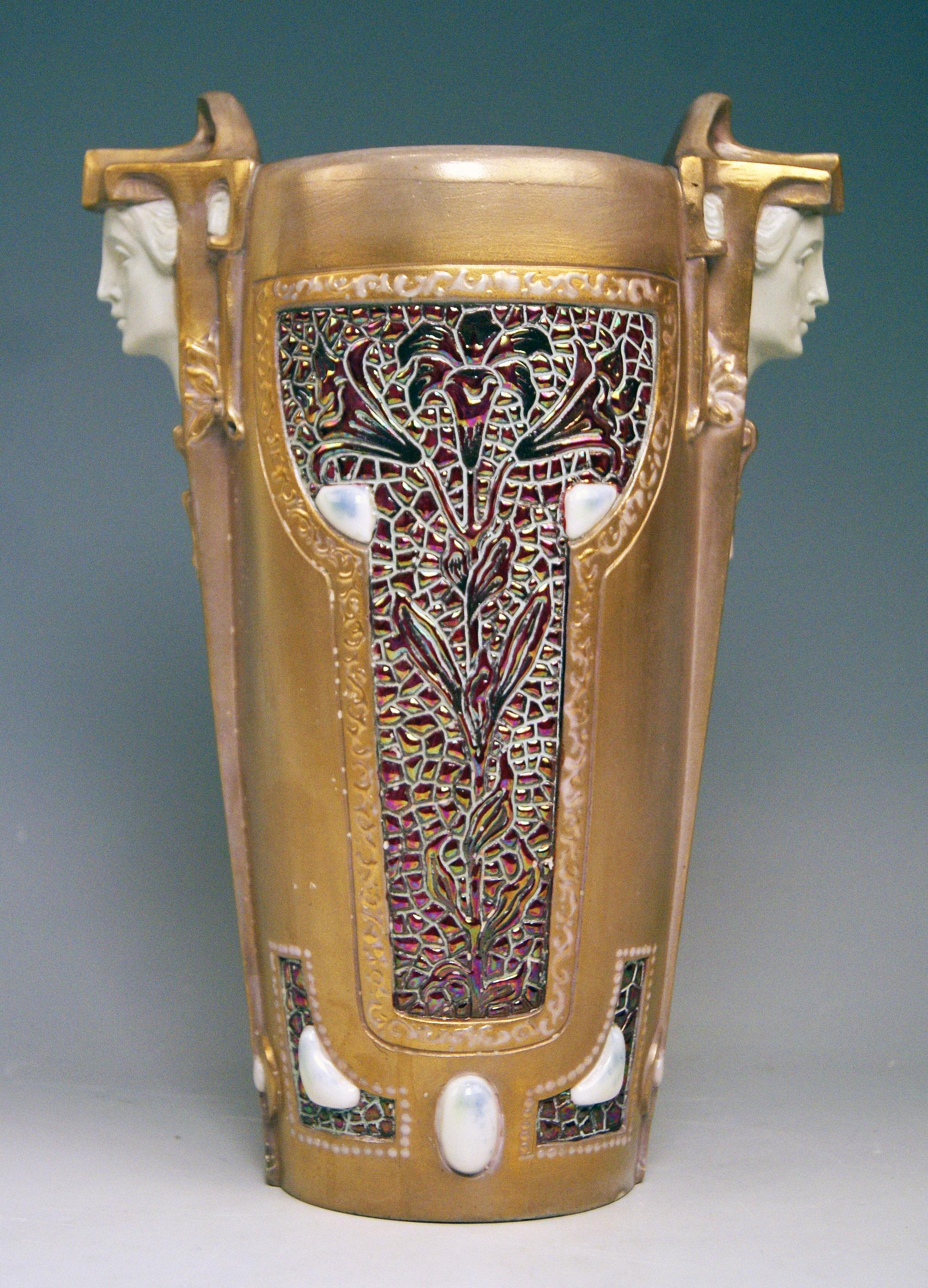 Austrian Art Nouveau Vase Ernst Wahliss Signed Vienna Female Heads Earthenware circa 1910