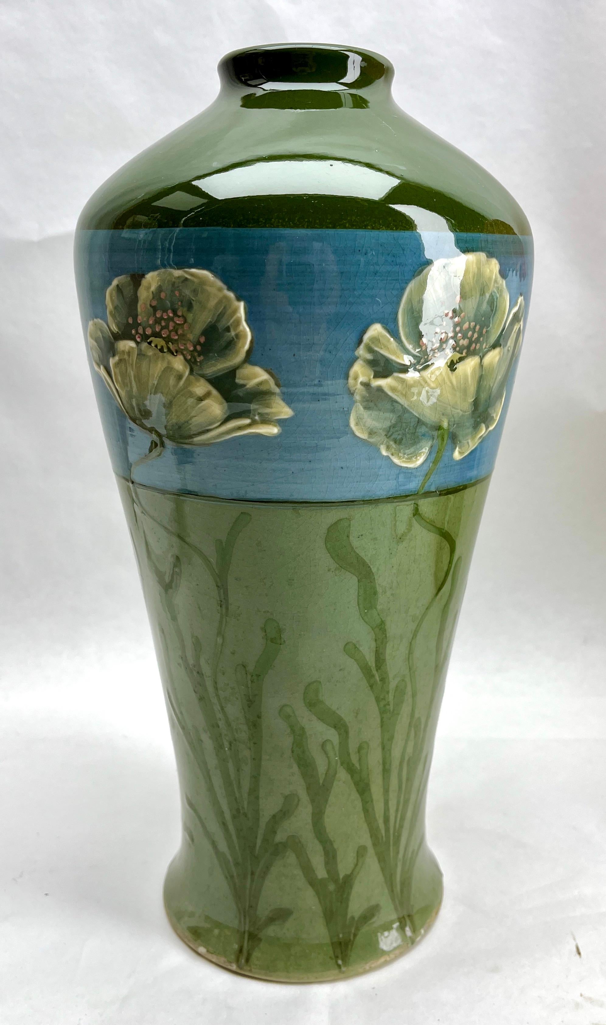Art Nouveau Vase Handmade and Hand Glazed and Enamel Details   1930s In Good Condition For Sale In Verviers, BE