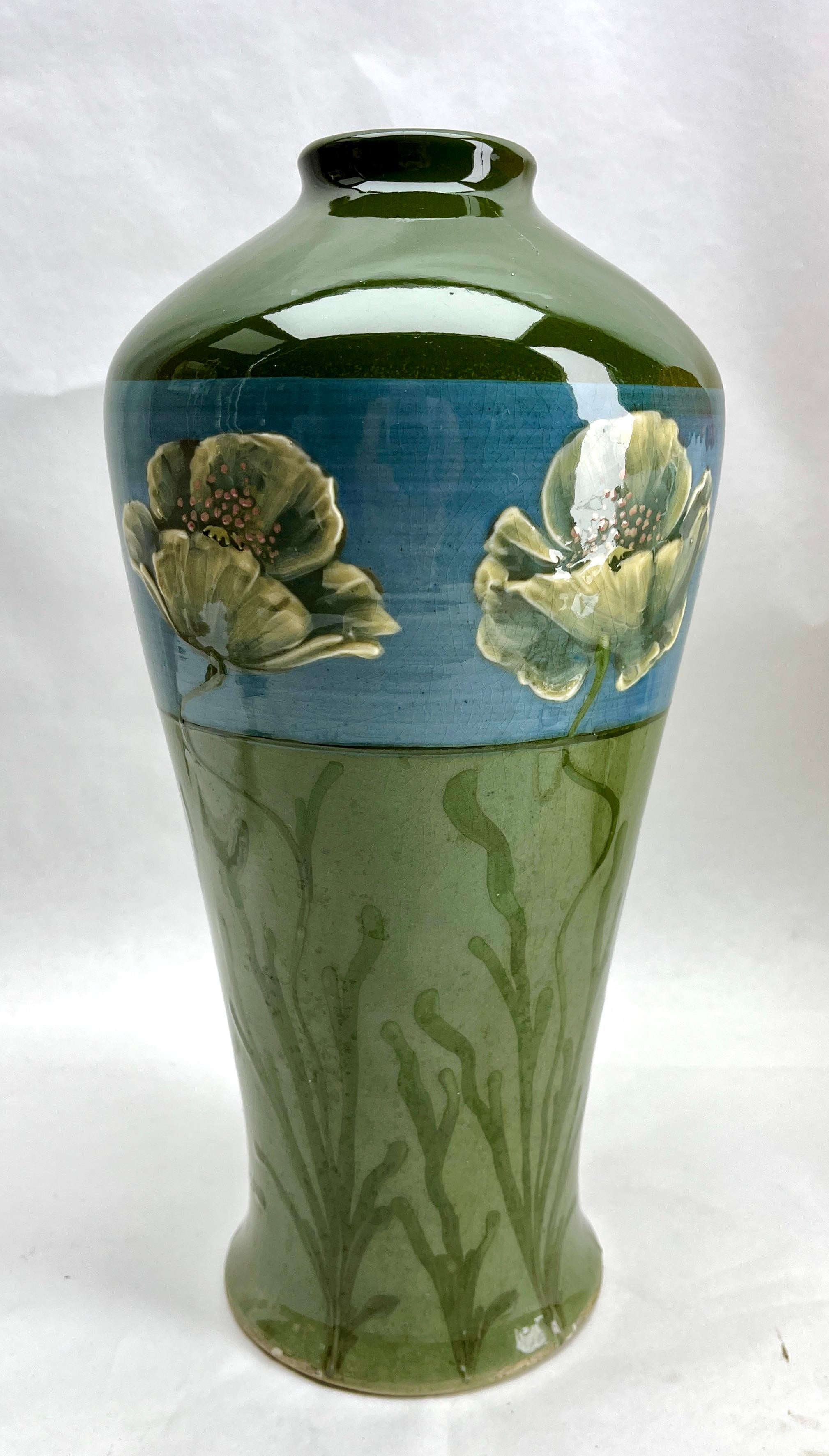 Art Nouveau Vase Handmade and Hand Glazed and Enamel Details   1930s For Sale 3