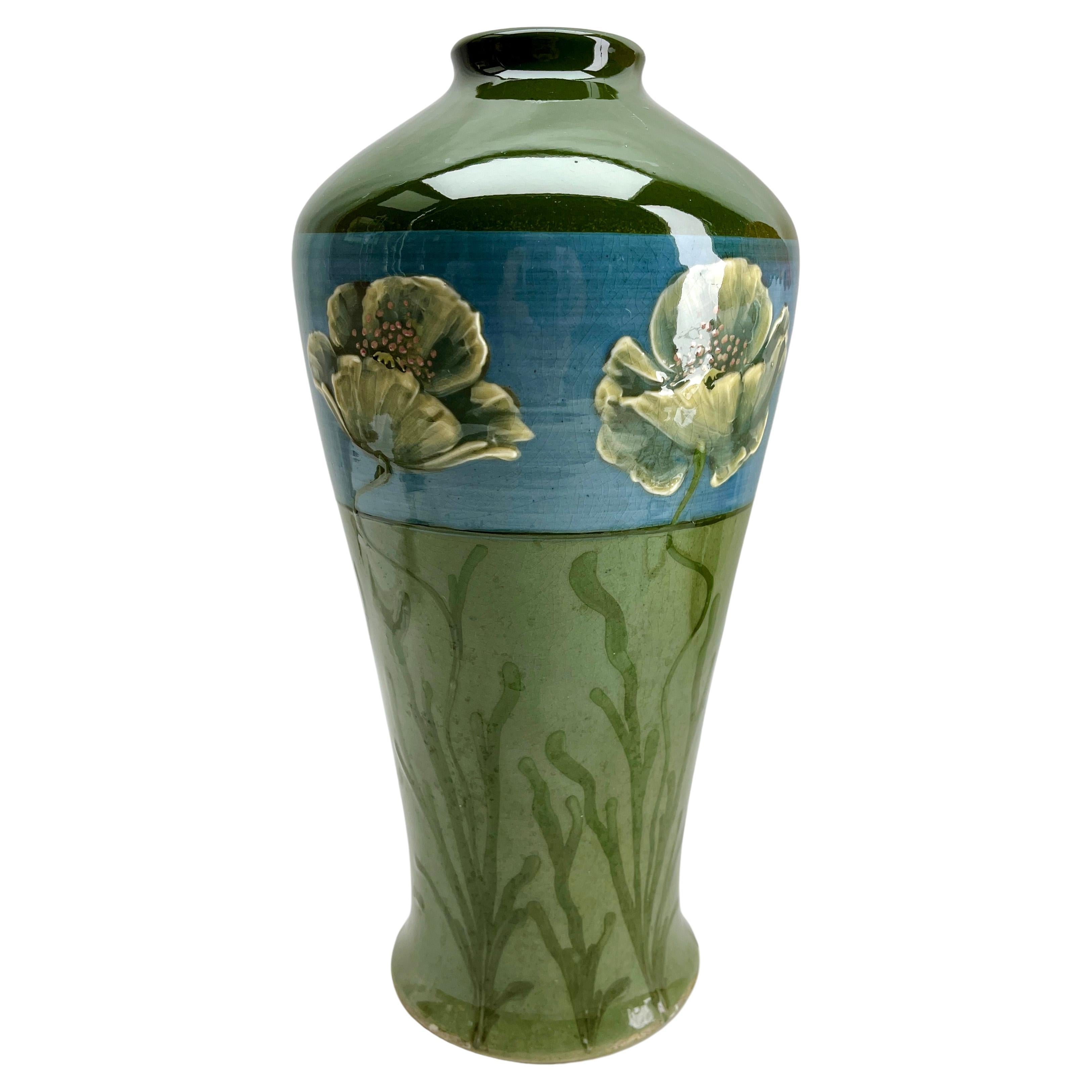 Art Nouveau Vase Handmade and Hand Glazed and Enamel Details   1930s For Sale