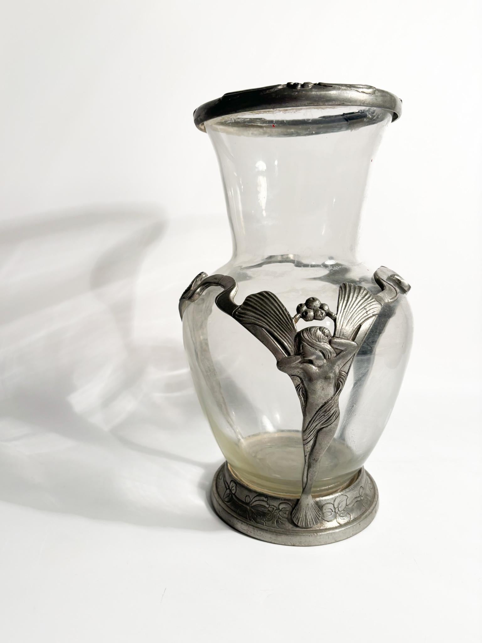 Glass Art Nouveau Vase in and Sculpted Pewter from the Early Twentieth Century For Sale