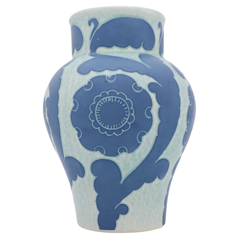 Art Nouveau Vase in Ceramics, Floral Turquoise and Blue Scandinavian