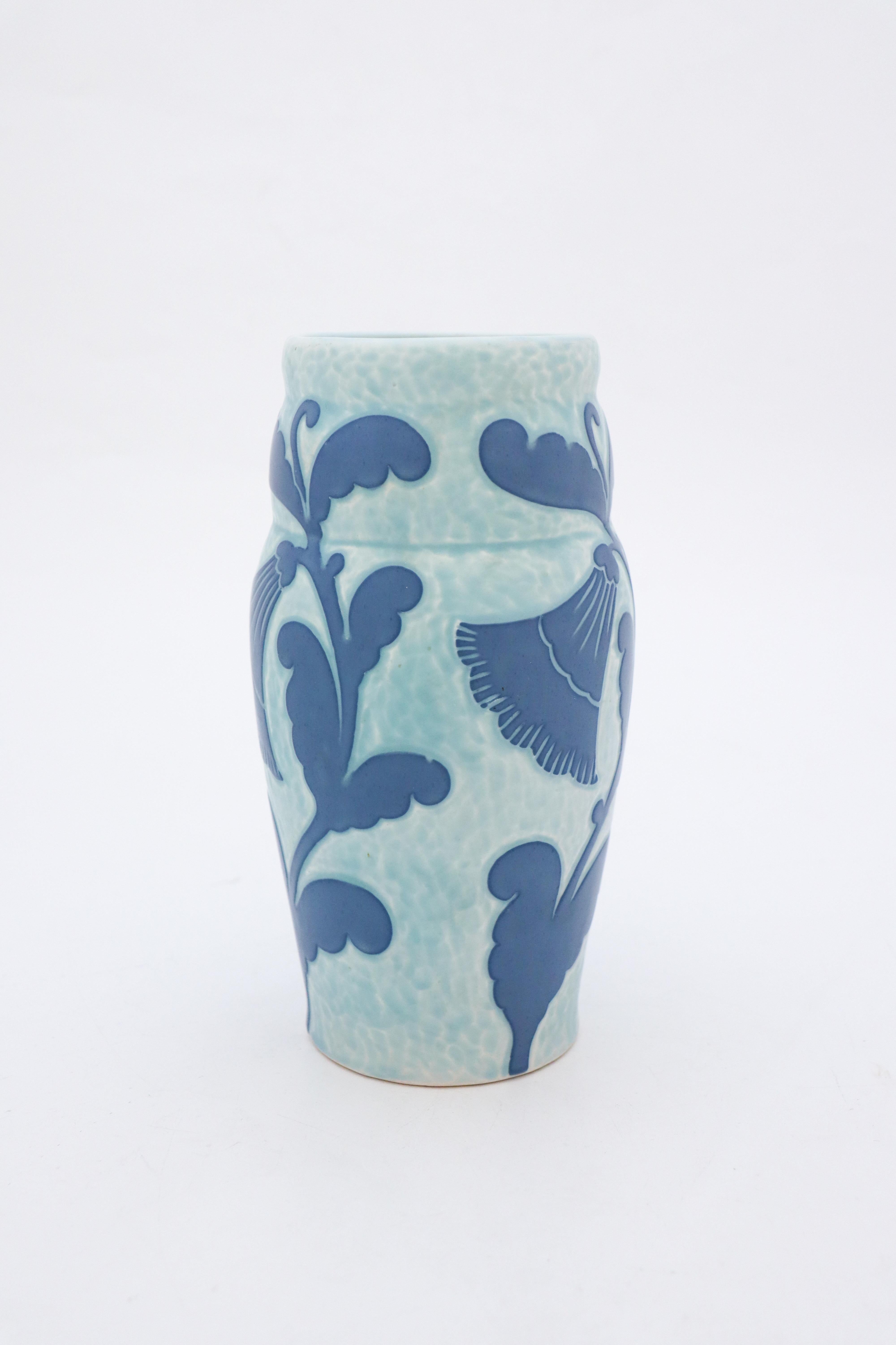 Swedish Art Nouveau Vase in Ceramics, Floral Turquoise & Blue - Scandinavian Vintage 