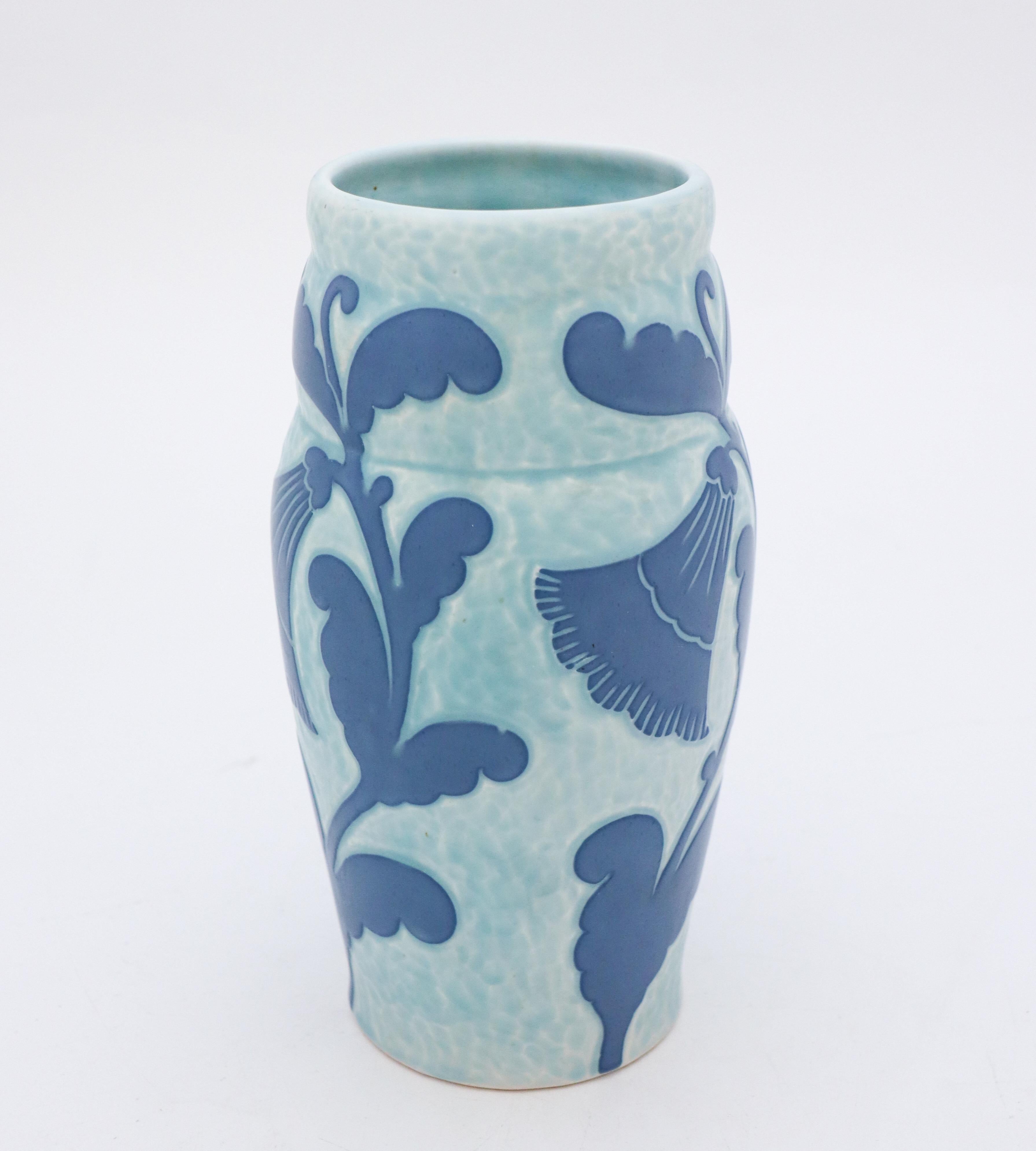 Glazed Art Nouveau Vase in Ceramics, Floral Turquoise & Blue - Scandinavian Vintage 