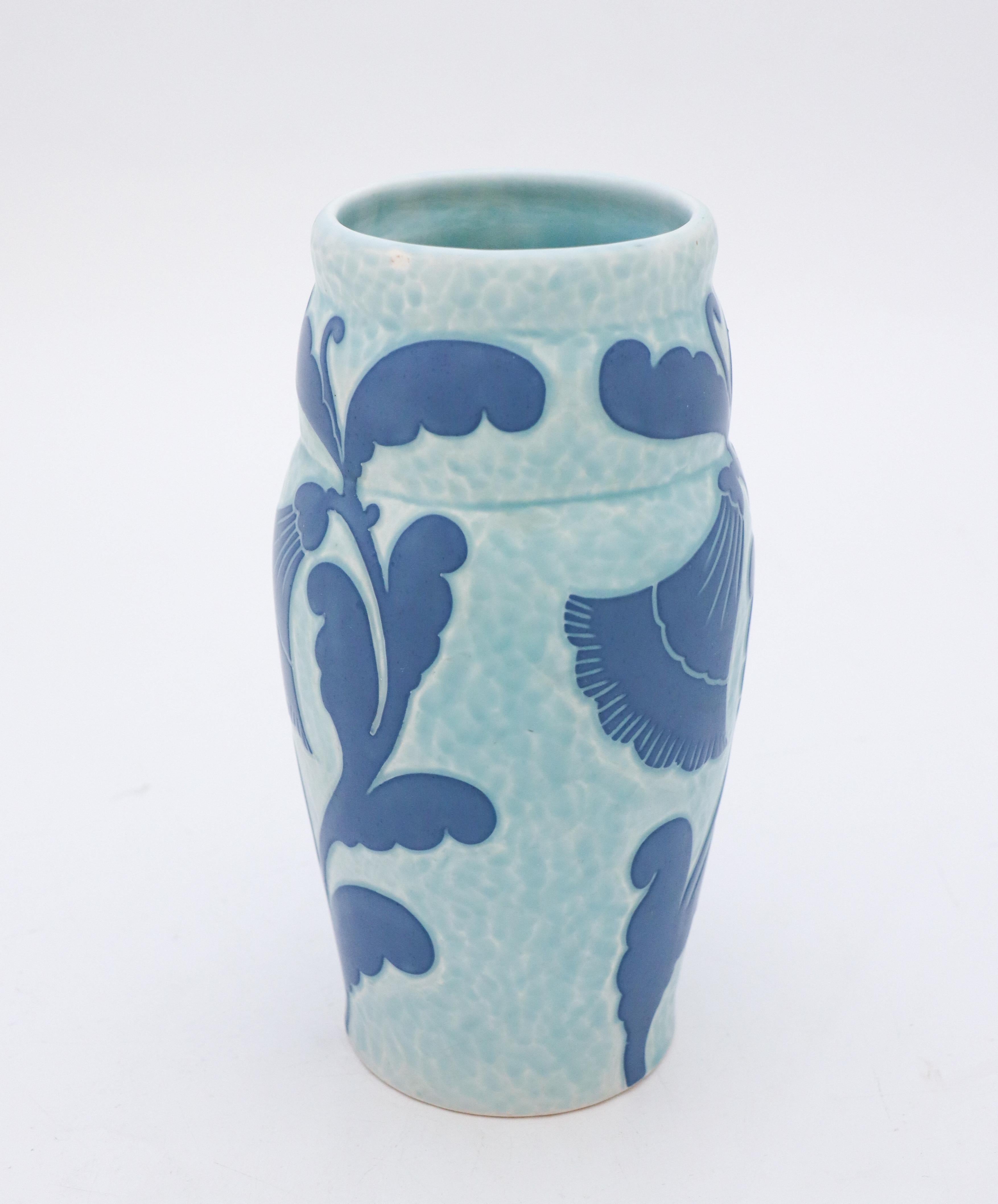 Art Nouveau Vase in Ceramics, Floral Turquoise & Blue - Scandinavian Vintage  In Good Condition In Stockholm, SE