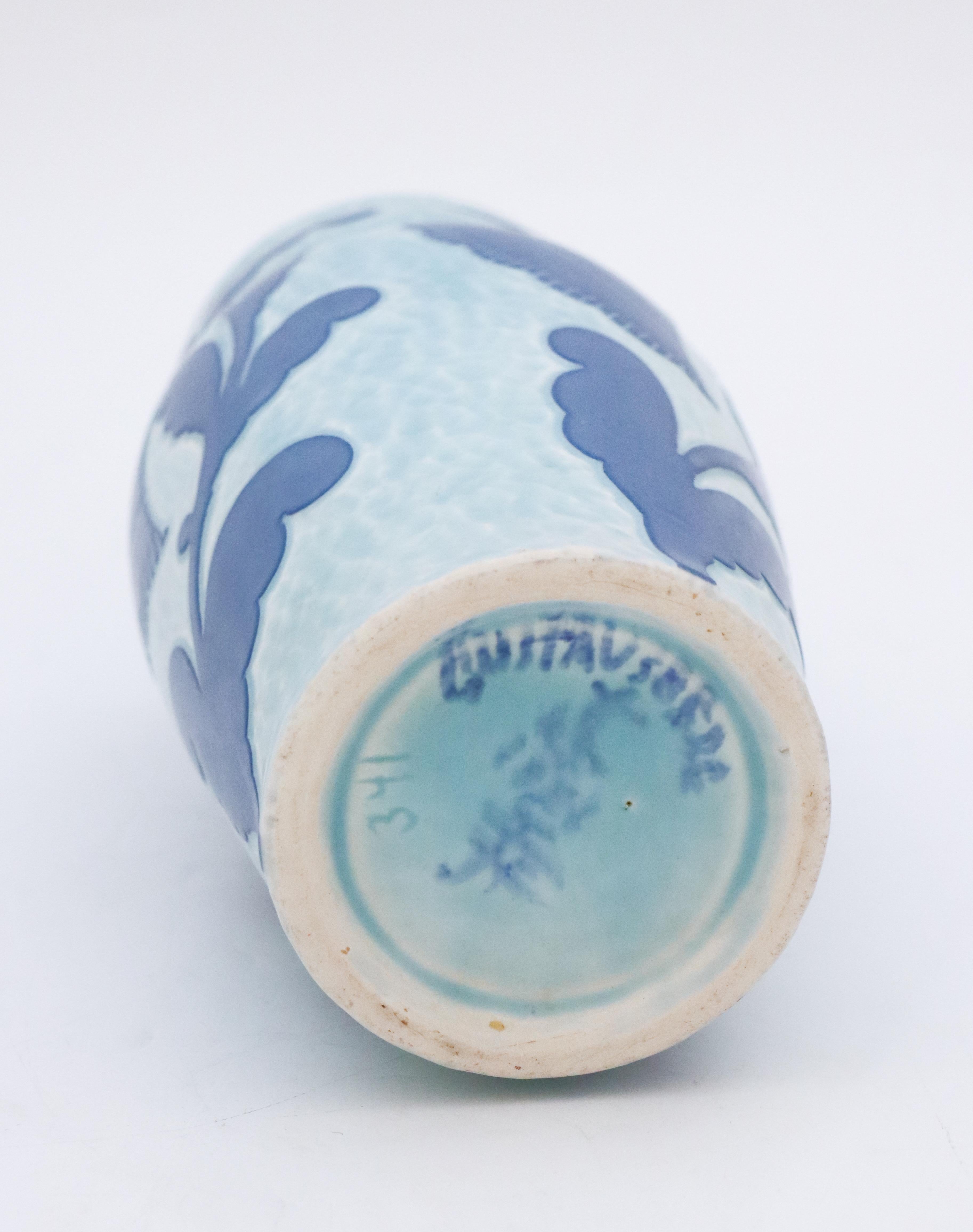 20th Century Art Nouveau Vase in Ceramics, Floral Turquoise & Blue - Scandinavian Vintage 