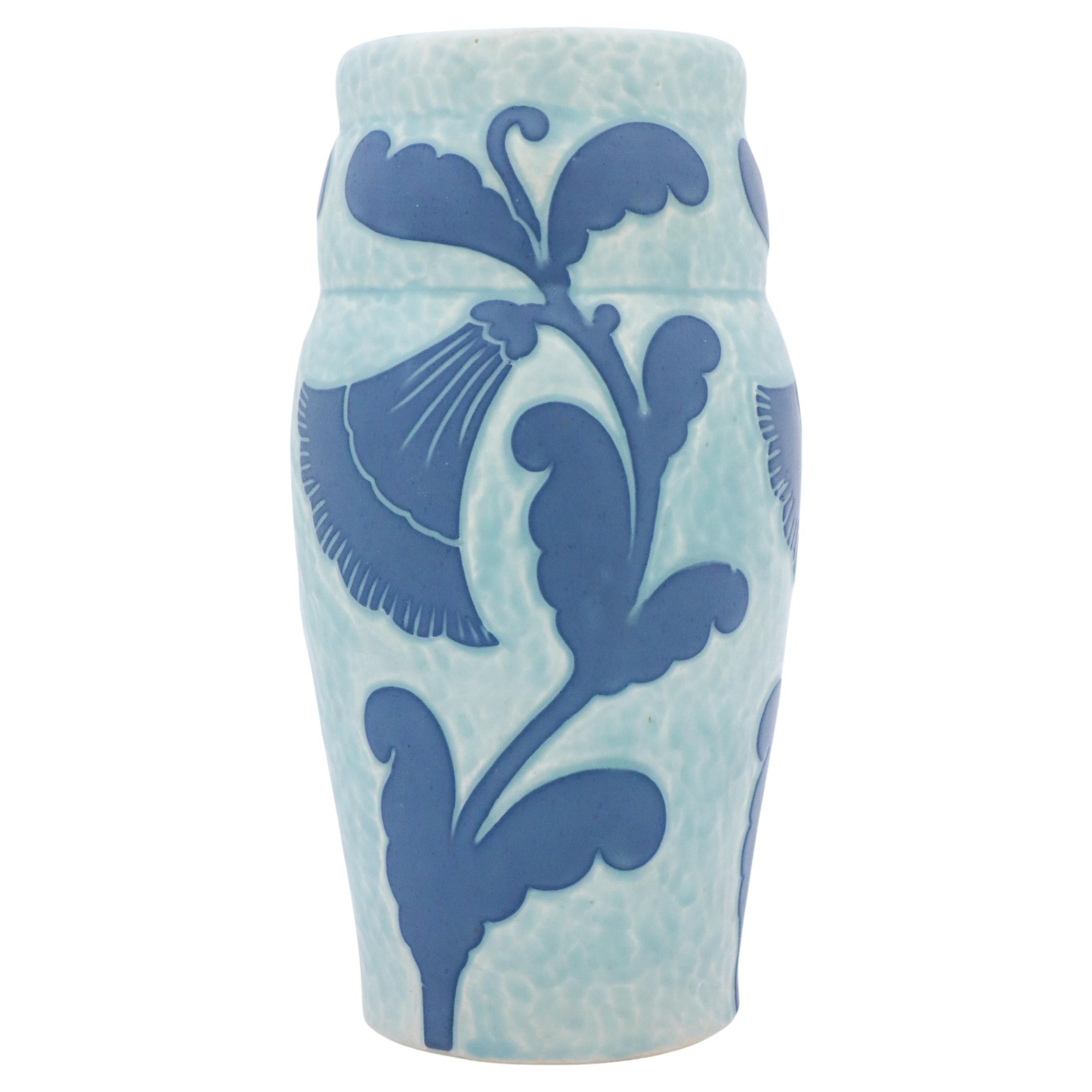 Art Nouveau Vase in Ceramics, Floral Turquoise & Blue - Scandinavian Vintage 