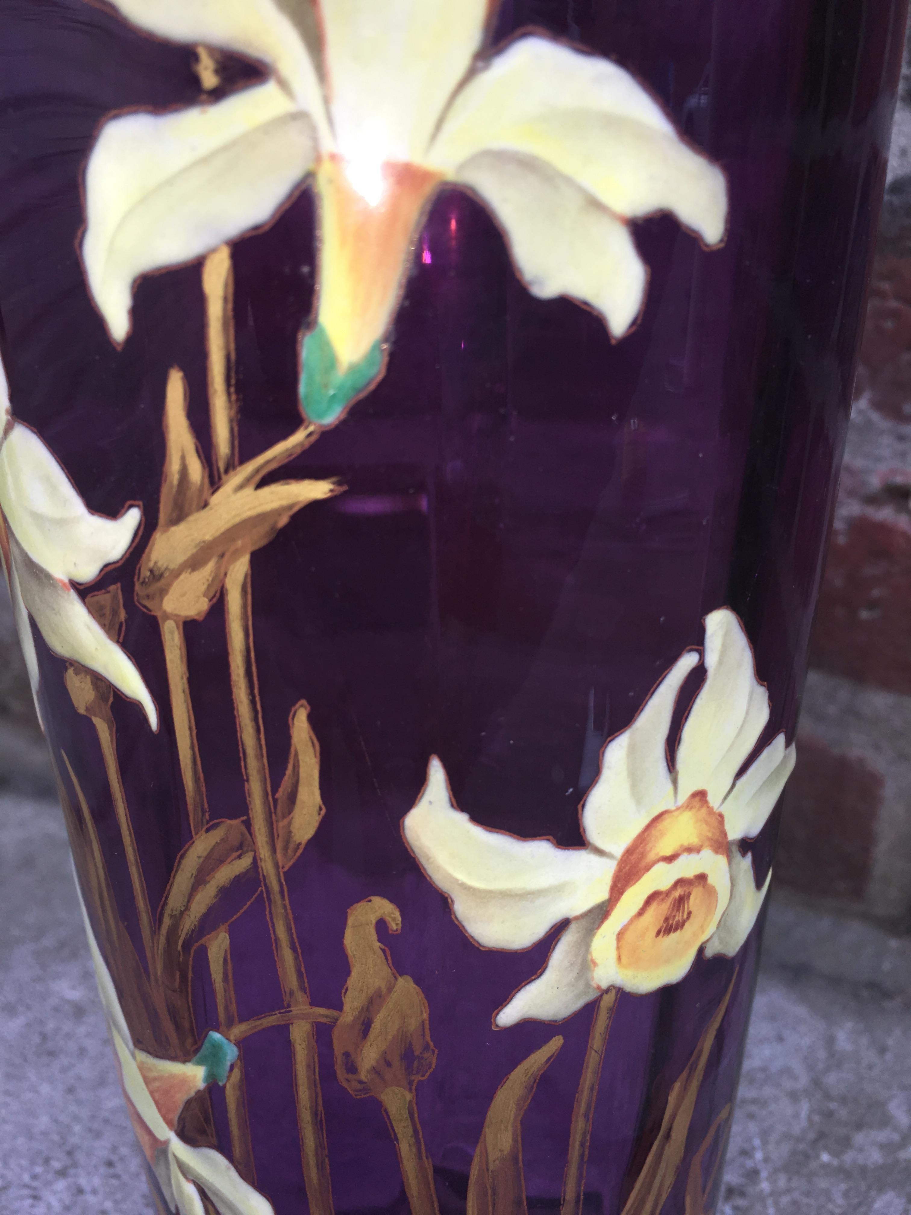 Enameled Art Nouveau Vase in Enamelled Glass with Floral Decoration, circa 1900 For Sale