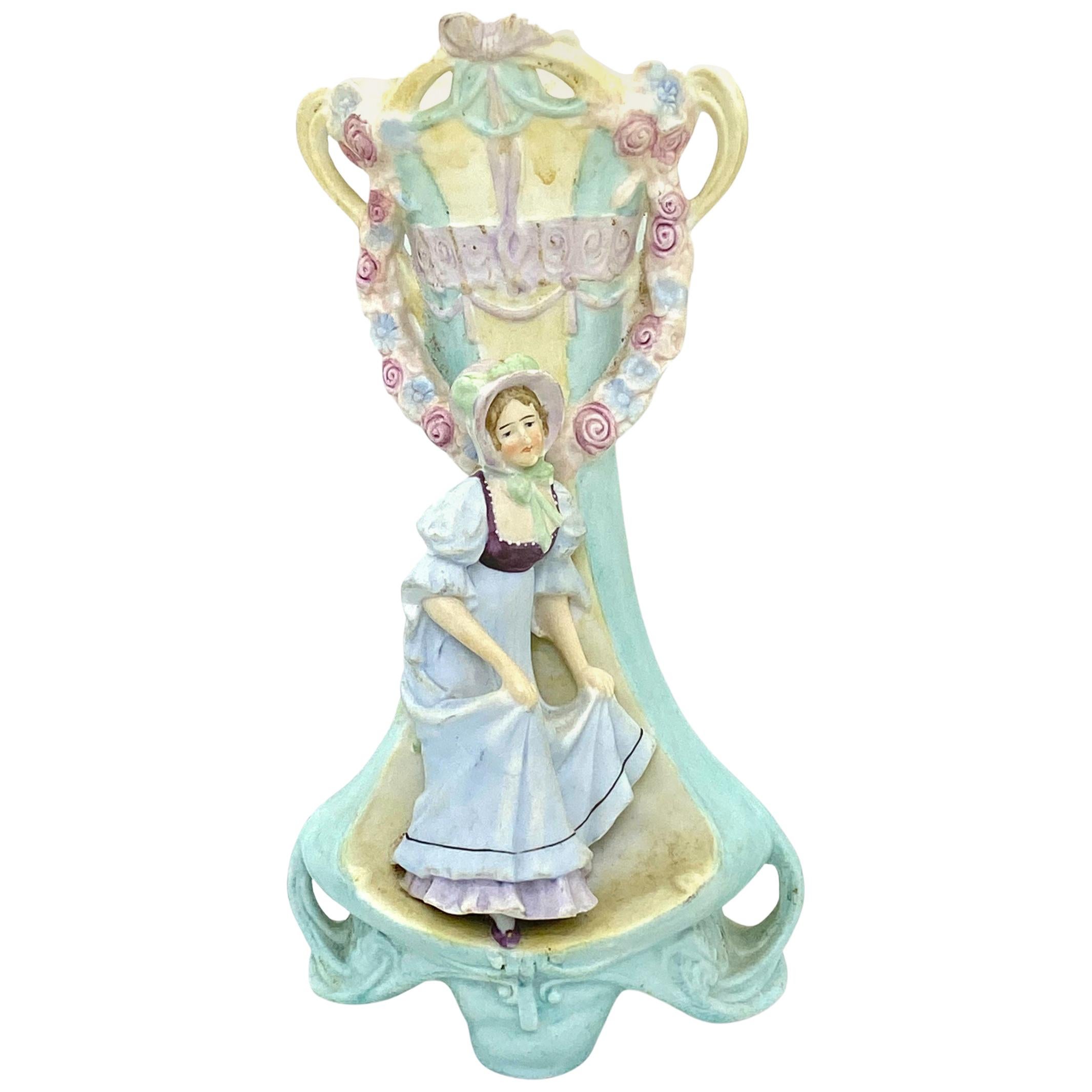Art Nouveau Vase Noble Lady Figurine Bisque Porcelain, German, circa 1900 For Sale