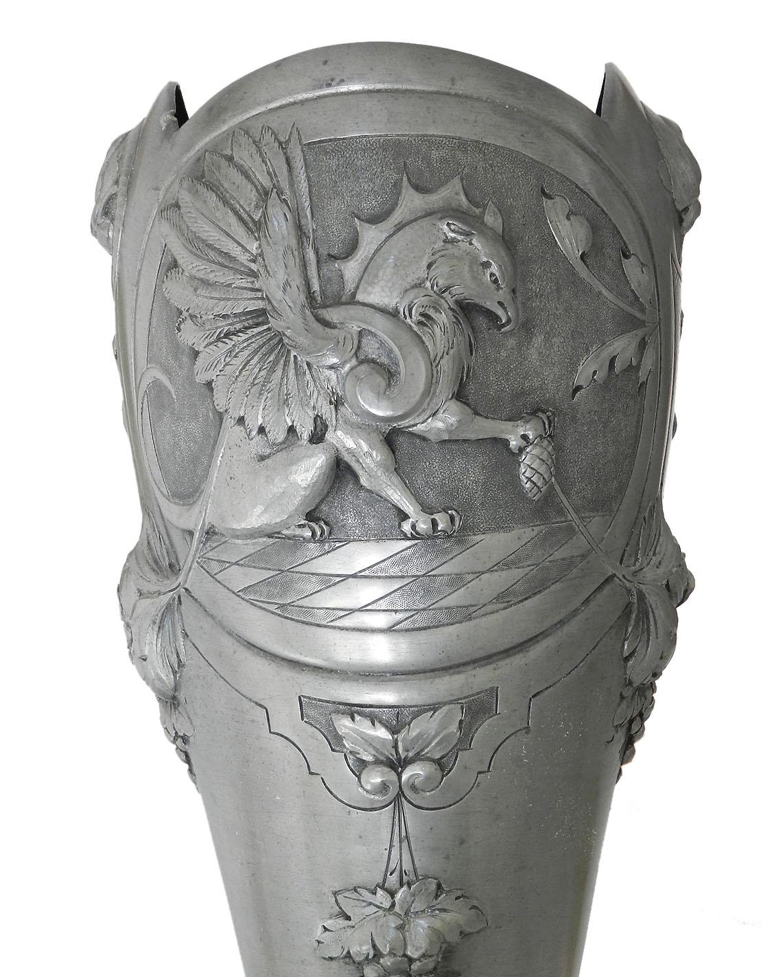 Exceptional Art Nouveau vase Pewter signed A Villien, circa 1890-1910 tall and impressive
Stunning with Phoenix and Lion heads
Very good antique patina, this vase could be polished if preferred
Impressive with signs of age and wear and very slight