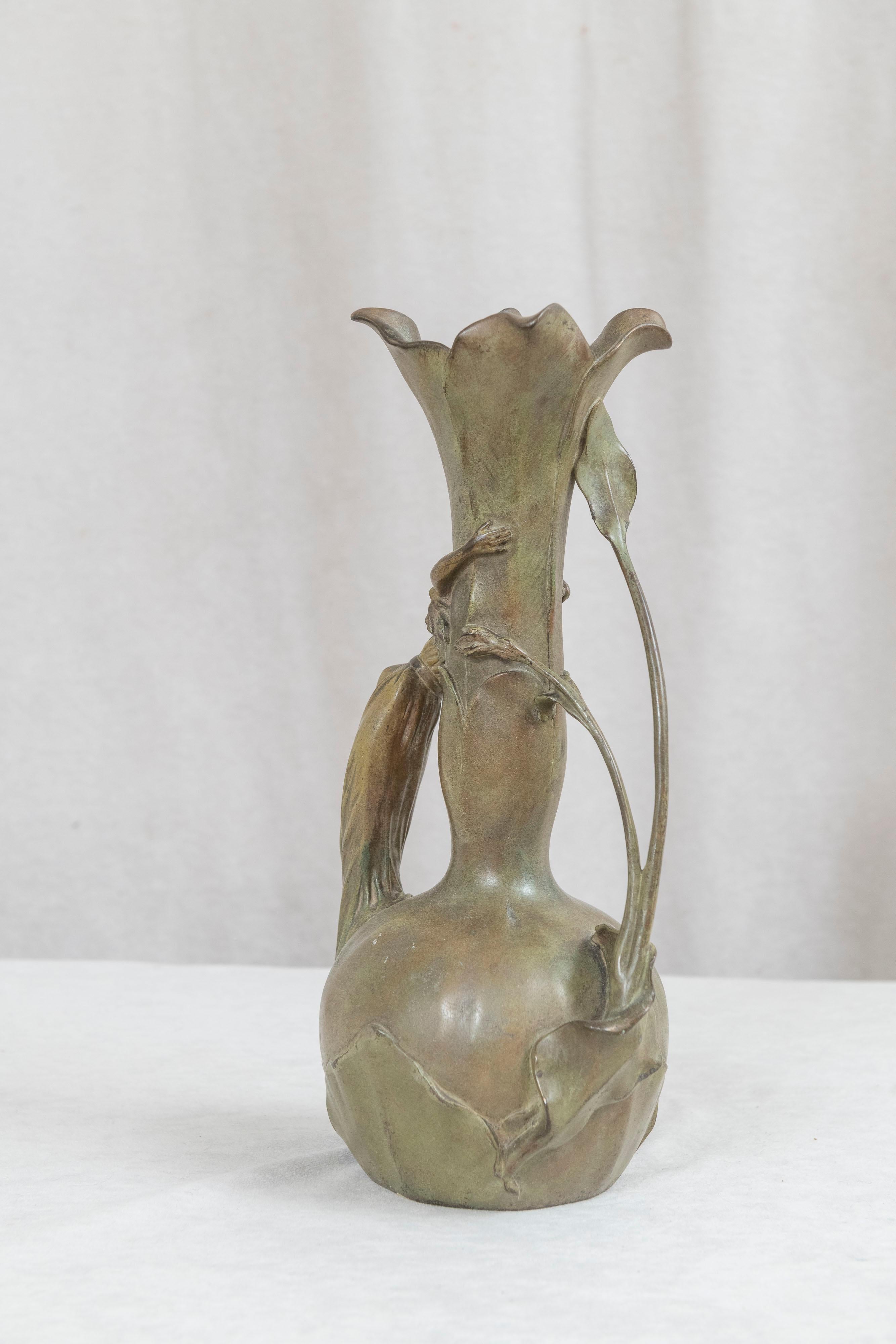 Patinated Art Nouveau Vase w/ Flowers & Maiden, French, ca. 1900