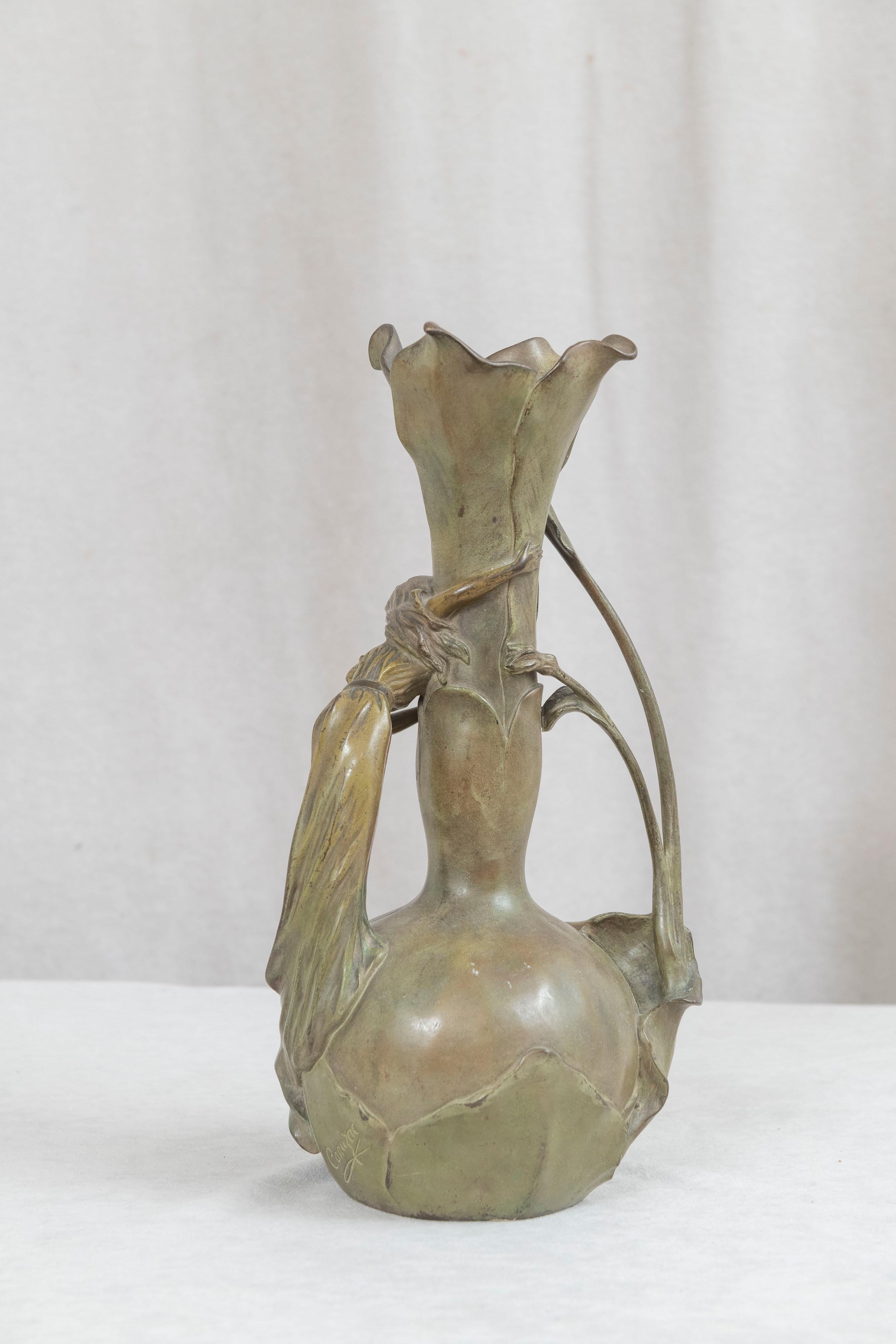 Art Nouveau Vase w/ Flowers & Maiden, French, ca. 1900 In Good Condition In Petaluma, CA