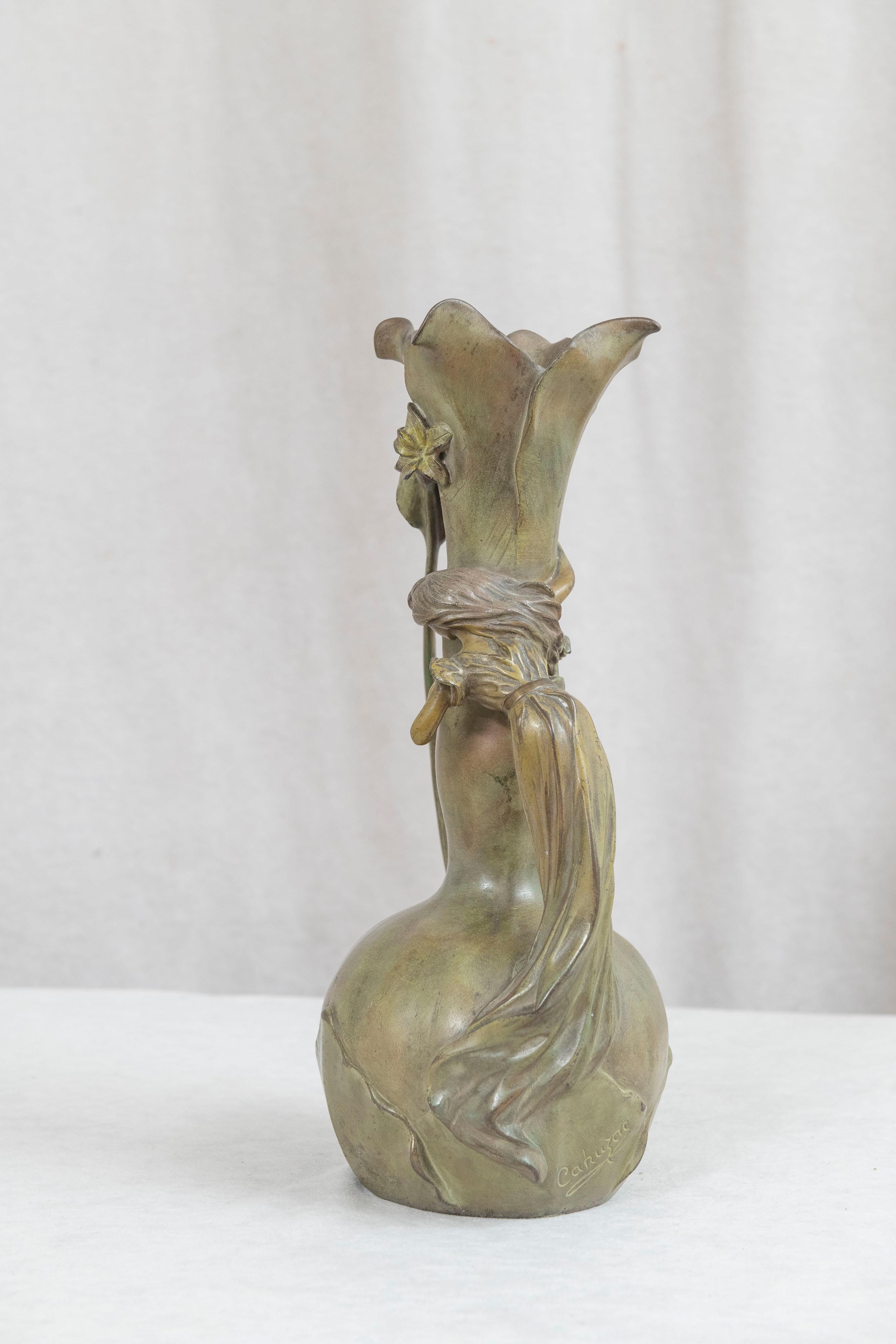 20th Century Art Nouveau Vase w/ Flowers & Maiden, French, ca. 1900